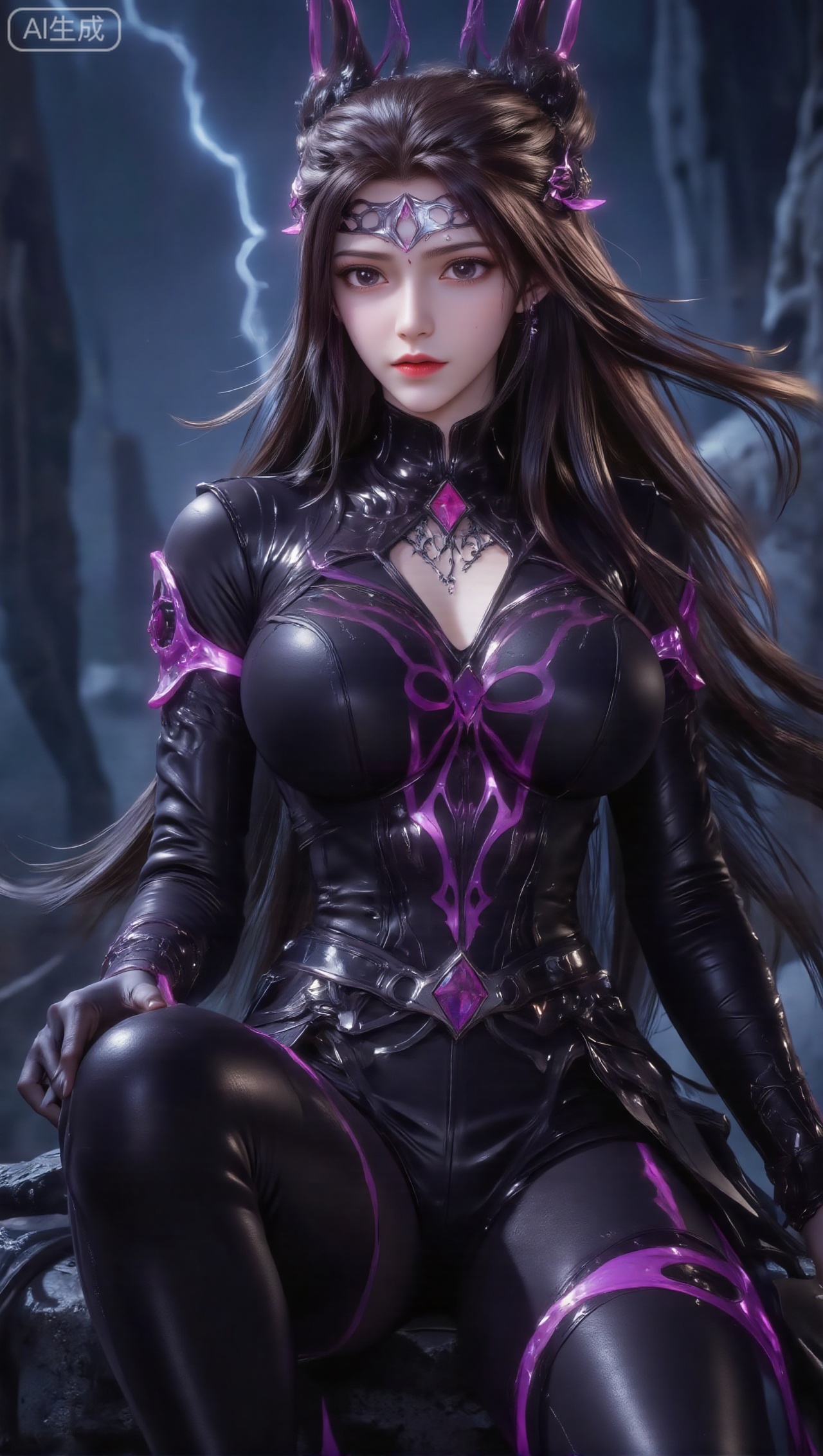 Panoramic portrait of a woman with long black hair that is smooth and shiny. She is wearing a fantasy purple exquisite hair ornament and forehead ornament (the forehead ornament is in the shape of a purple pattern). She is wearing a tight-fitting costume that is mainly black with purple flowing patterns. The material of the costume seems to be shiny. (such as leather or energy texture), there is a black high collar at the neckline with silver hollow decoration and purple diamond-shaped accessories. The woman is sitting elegantly, her legs are bent and crossed, and her hands are naturally placed by her side; the background is a dark blue night sky full of lightning, the atmosphere is mysterious and shocking