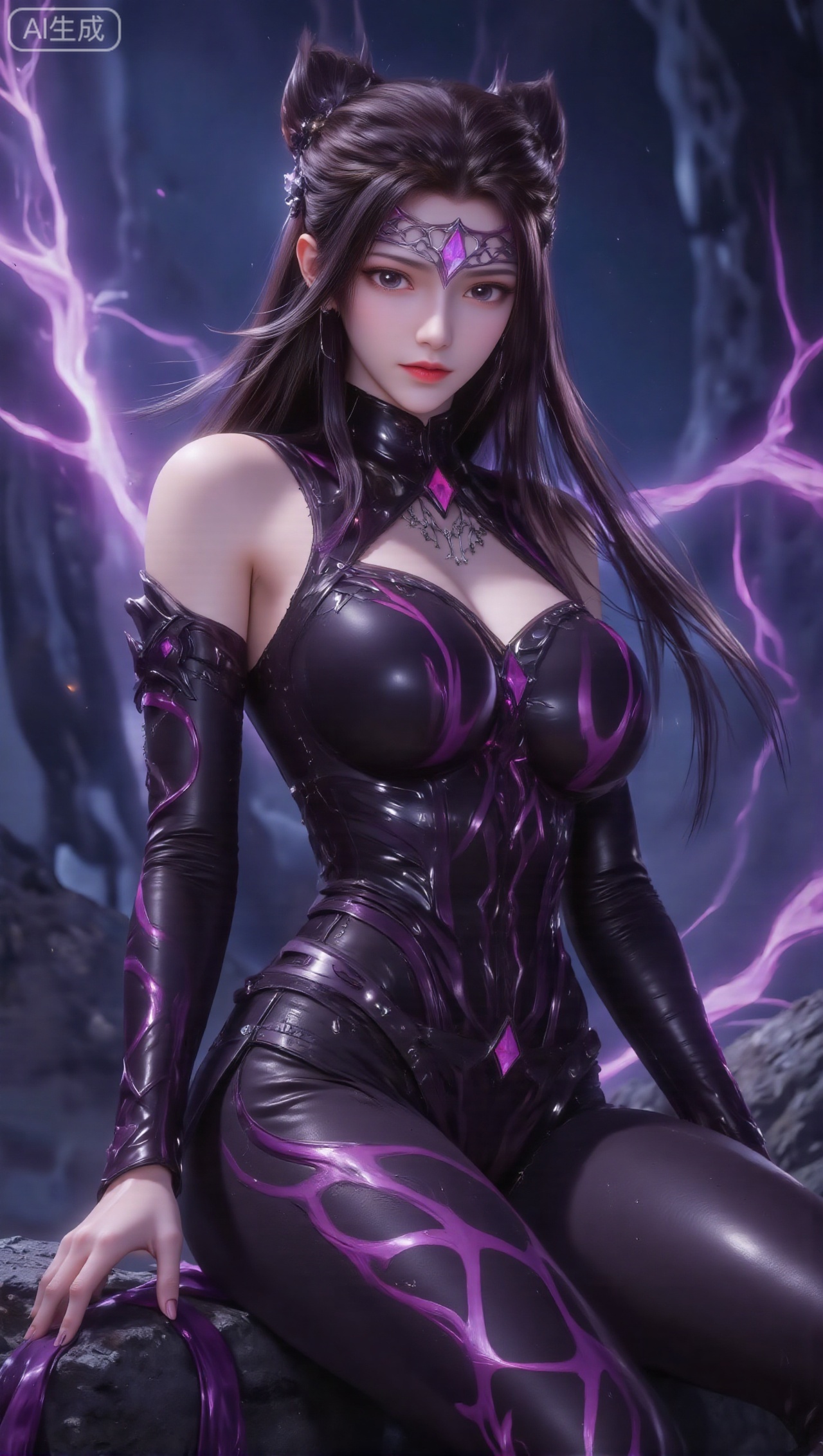 Panoramic portrait of a woman with long black hair that is smooth and shiny. She is wearing a fantasy purple exquisite hair ornament and forehead ornament (the forehead ornament is in the shape of a purple pattern). She is wearing a tight-fitting costume that is mainly black with purple flowing patterns. The material of the costume seems to be shiny. (such as leather or energy texture), there is a black high collar at the neckline with silver hollow decoration and purple diamond-shaped accessories. The woman is sitting elegantly, her legs are bent and crossed, and her hands are naturally placed by her side; the background is a dark blue night sky full of lightning, the atmosphere is mysterious and shocking