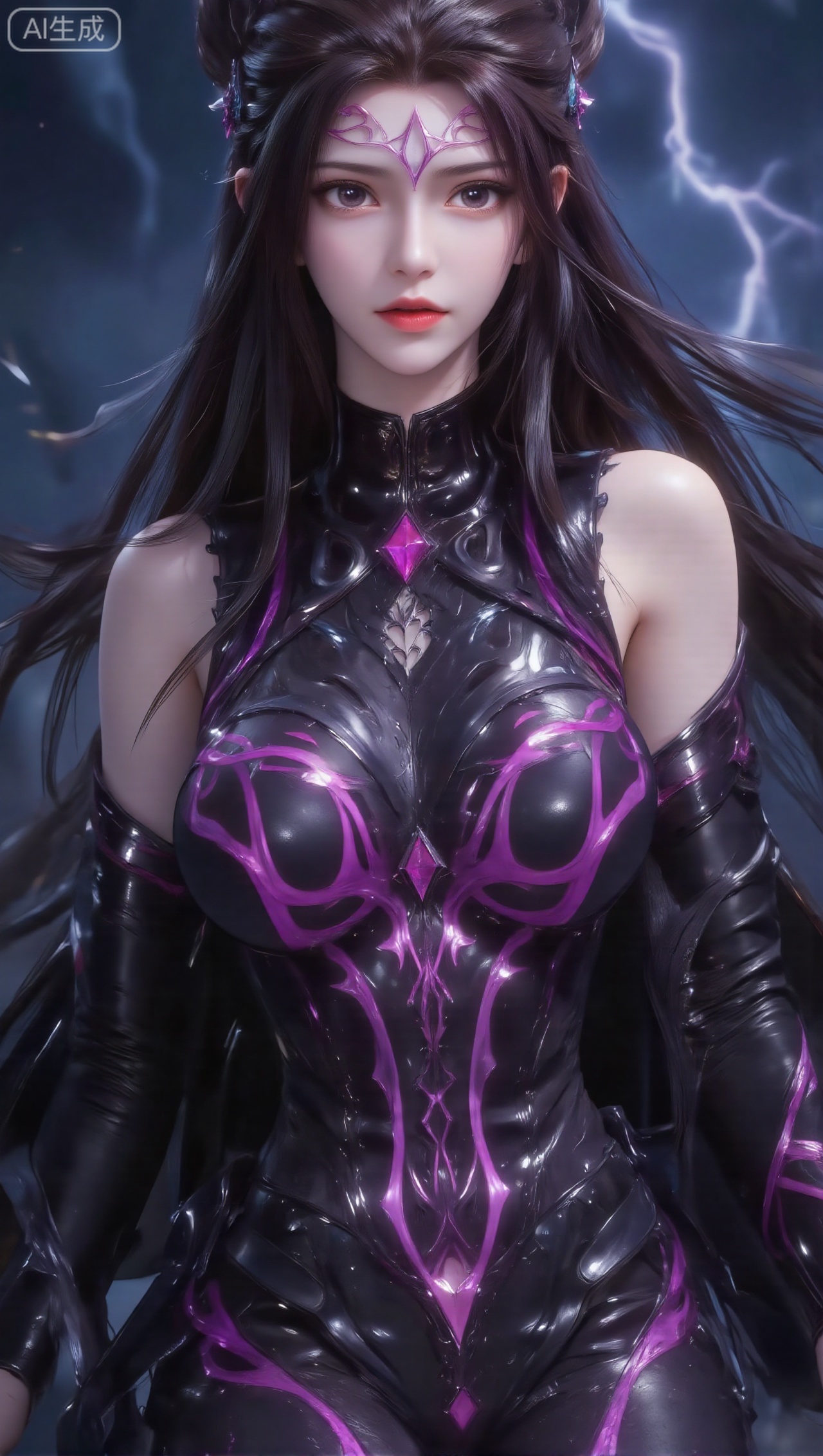 Panoramic portrait of a woman with long black hair that is smooth and shiny. She is wearing a fantasy purple exquisite hair ornament and forehead ornament (the forehead ornament is in the shape of a purple pattern). She is wearing a tight-fitting costume that is mainly black with purple flowing patterns. The material of the costume seems to be shiny. (such as leather or energy texture), there is a black high collar at the neckline with silver hollow decoration and purple diamond-shaped accessories. The woman is sitting elegantly, her legs are bent and crossed, and her hands are naturally placed by her side; the background is a dark blue night sky full of lightning, the atmosphere is mysterious and shocking