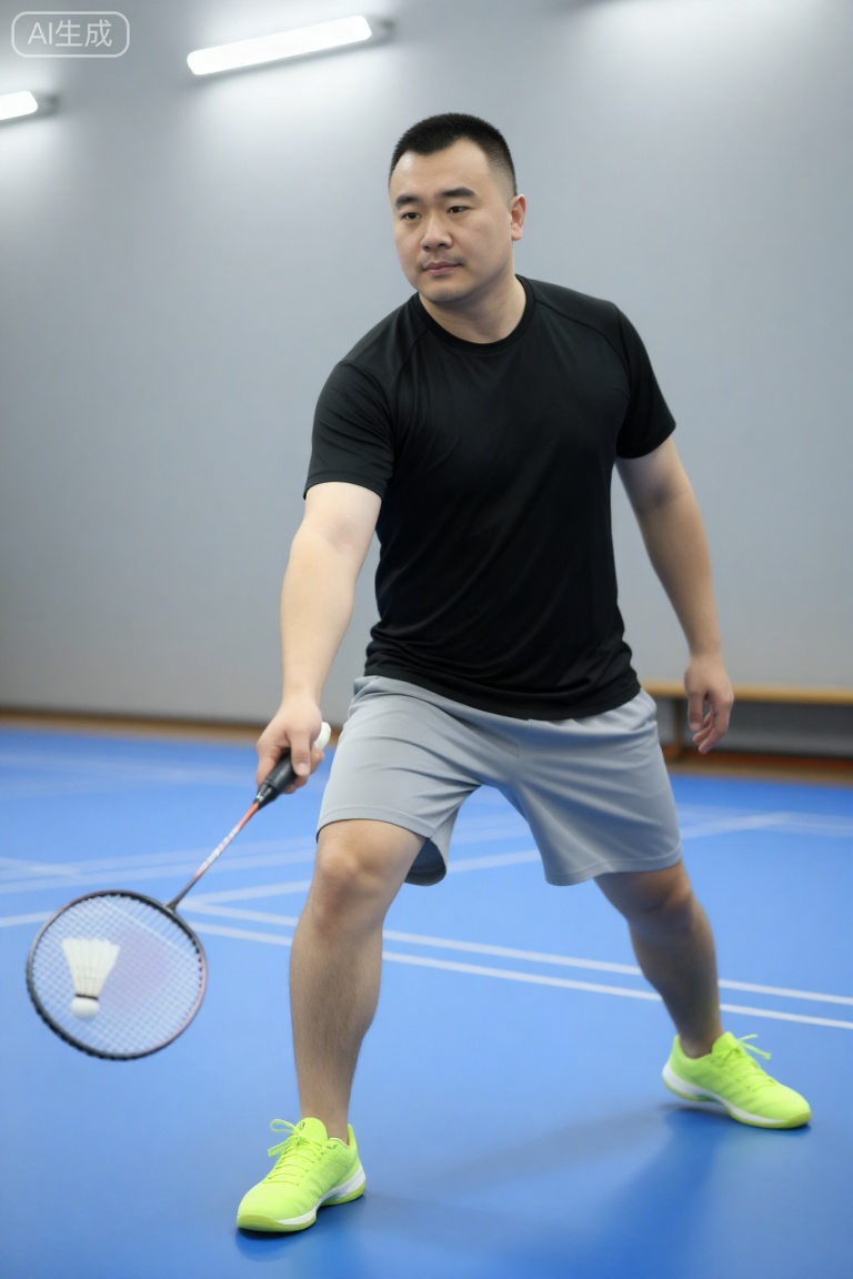 DYWH,A male with neat short hair, featuring a rounded facial contour, a full and smooth forehead, and thick, neatly-shaped eyebrows that exude a steady aura. His eyes are bright and sharp, with a calm and composed gaze, and the corners of his mouth are slightly upturned, radiating a friendly and approachable temperament. He has a strong, solid build, and his calm, confident demeanor fully embodies a down-to-earth and reliable vibe.He is in an indoor badminton court, holding a badminton racket in a striking posture— a white shuttlecock hovers beside him, with a dynamic trail trailing behind it. He’s dressed in a black short-sleeved sports top, gray athletic shorts, and bright neon green sports shoes. The background consists of a blue court with white markings, paired with light gray walls; bright indoor lights spread evenly, highlighting his relaxed sports posture while making the details of his expression and the clear texture of the court more vivid.