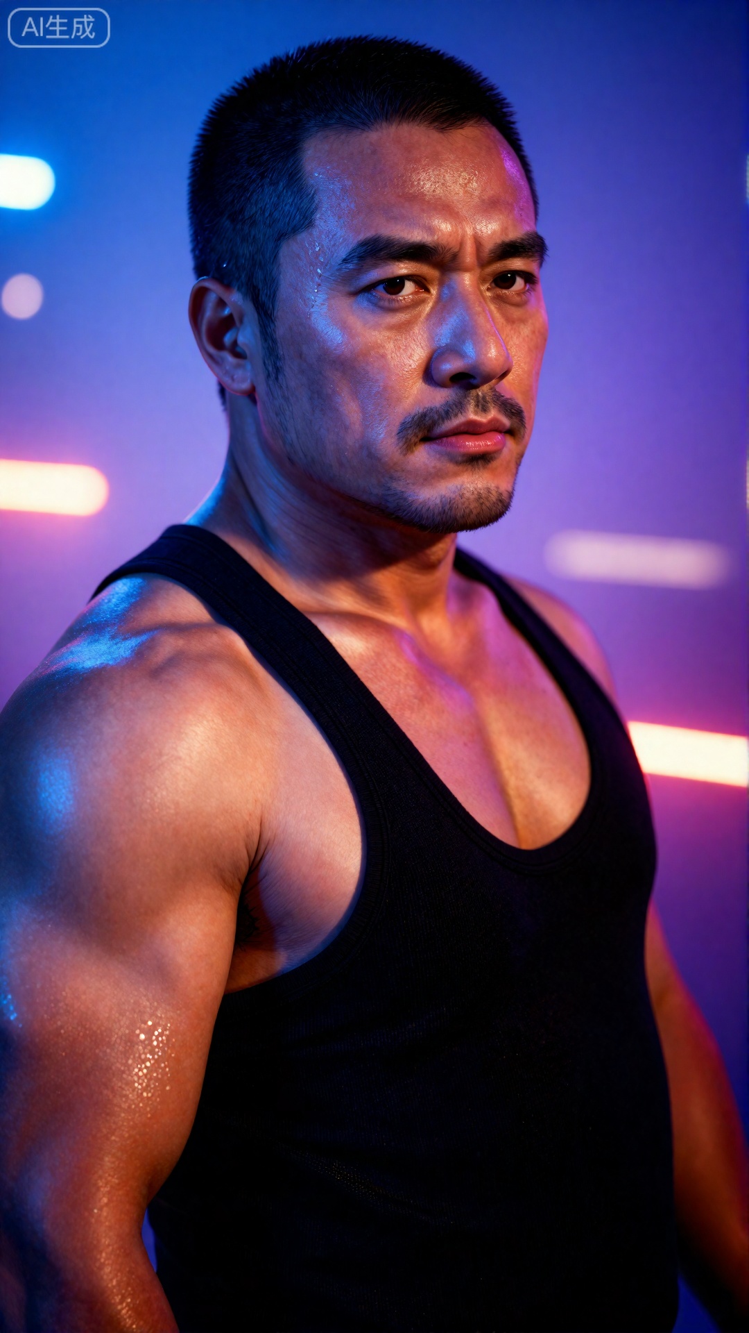 一个中年男人,有一张硬朗、阳刚的脸和整洁的短发。他赤膊上阵,肌肉被脂肪覆盖,但身体紧绷,肌肉线条有力,置身于迷幻的蓝色与紫色霓虹灯光中,他正回眸凝视镜头,眼神充满故事感,他身着带有亮片的黑色吊带背心,脸上的汗滴被风吹起,背景是虚化的都市夜景与闪烁的灯光,摄影,照片级真实,人像模式,焦距85mm,光圈f/1.4,ISO 400,背景光斑如奶油般化开,极致细节,4K壁纸,电影感光影,