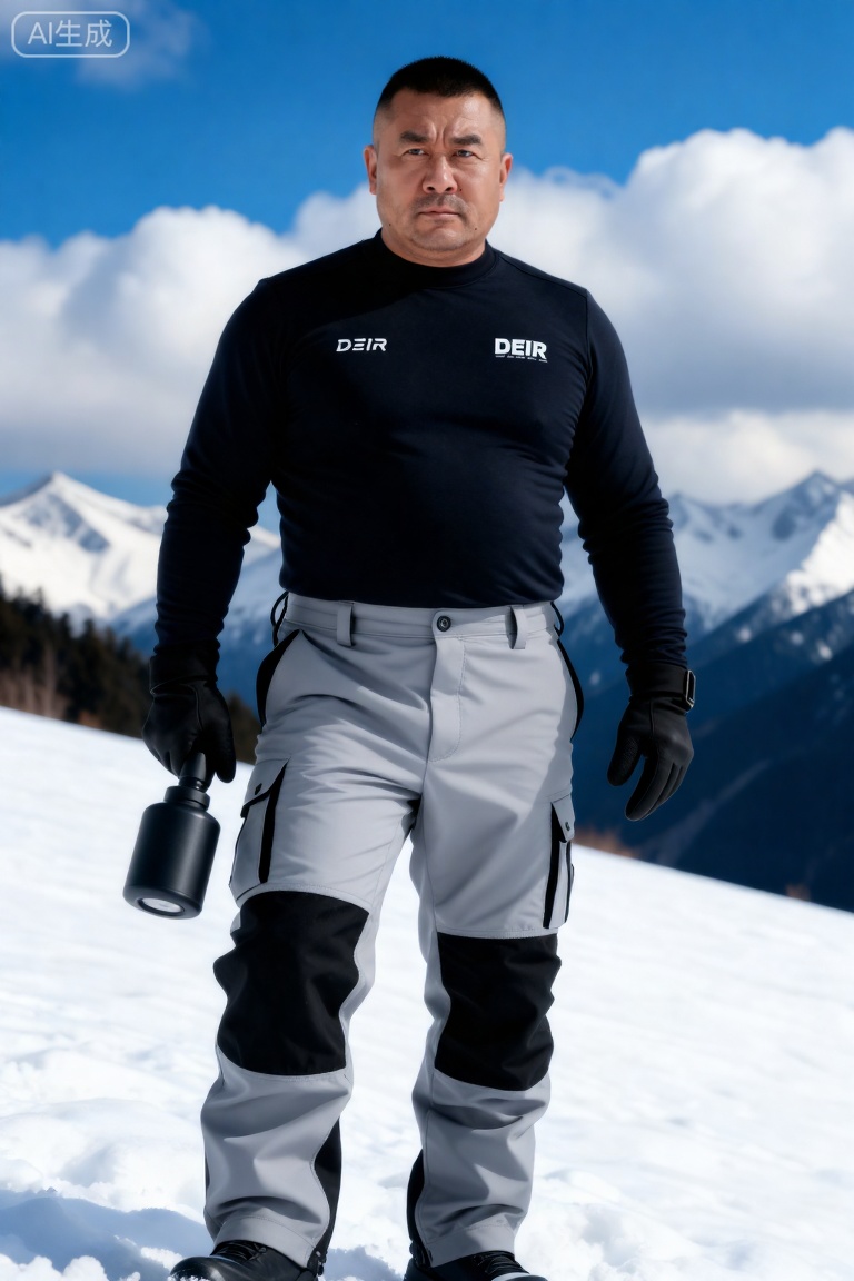 DYWH,A middle-aged man with a tough face, a crew cut, and a determined look. He is wearing a dark functional top with logos such as "DEIR", paired with light gray cargo pants (with knee pads and strap designs on the legs), black gloves, and holding equipment. He stands in a snowy mountain scene with clouds and blue sky in the background.