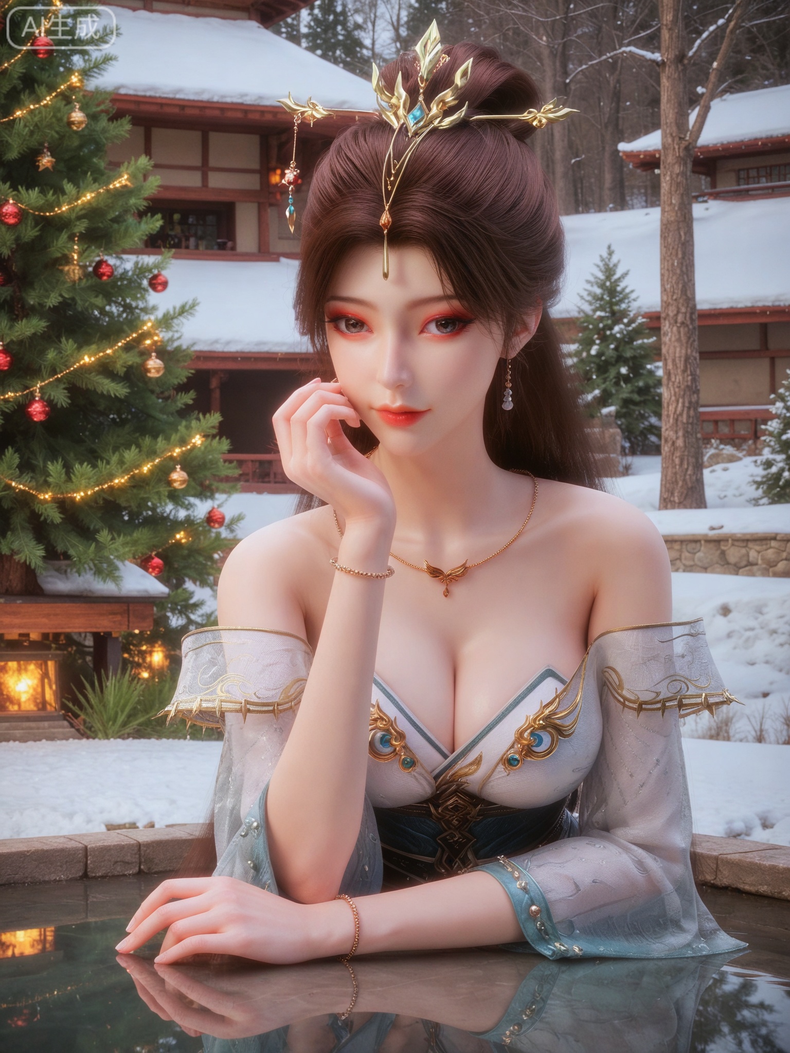 score_9,score_8_up,score_7_up,masterpiece,(best quality),(intricate details:0.9) BREAK (intricate details:0.9),(realistic skin:1.2),masterpiece,best quality,newest,absurdres,hiahres,1girl,solo,jewelry,hair ornament,dress,necklace,lips,eyeshadow,bracelet,tassel,(8k ultra-clear, pony style),photo pose 0.6, micro-expression: soft smile 0.3, half-body + medium shot 0.7,1girl,solo.looking_at_viewer,realistic,photorealistic,Vivid Colors,bright environment,shiny skin,shiny hairjewelry,detail eyes,Eyes highlights,glowing,sunshine,bright,reflection,bright,sunshine on face,shiny,shinny,petite,thin,leg slimming,lose weight,slim hips,lakeside,delicate water,reflection,(full body:0.8)sitting_down,eyelashes,snow,Winter,Snowy landscape,Snow accumulation,Christmas tree,(huge breasts:1),