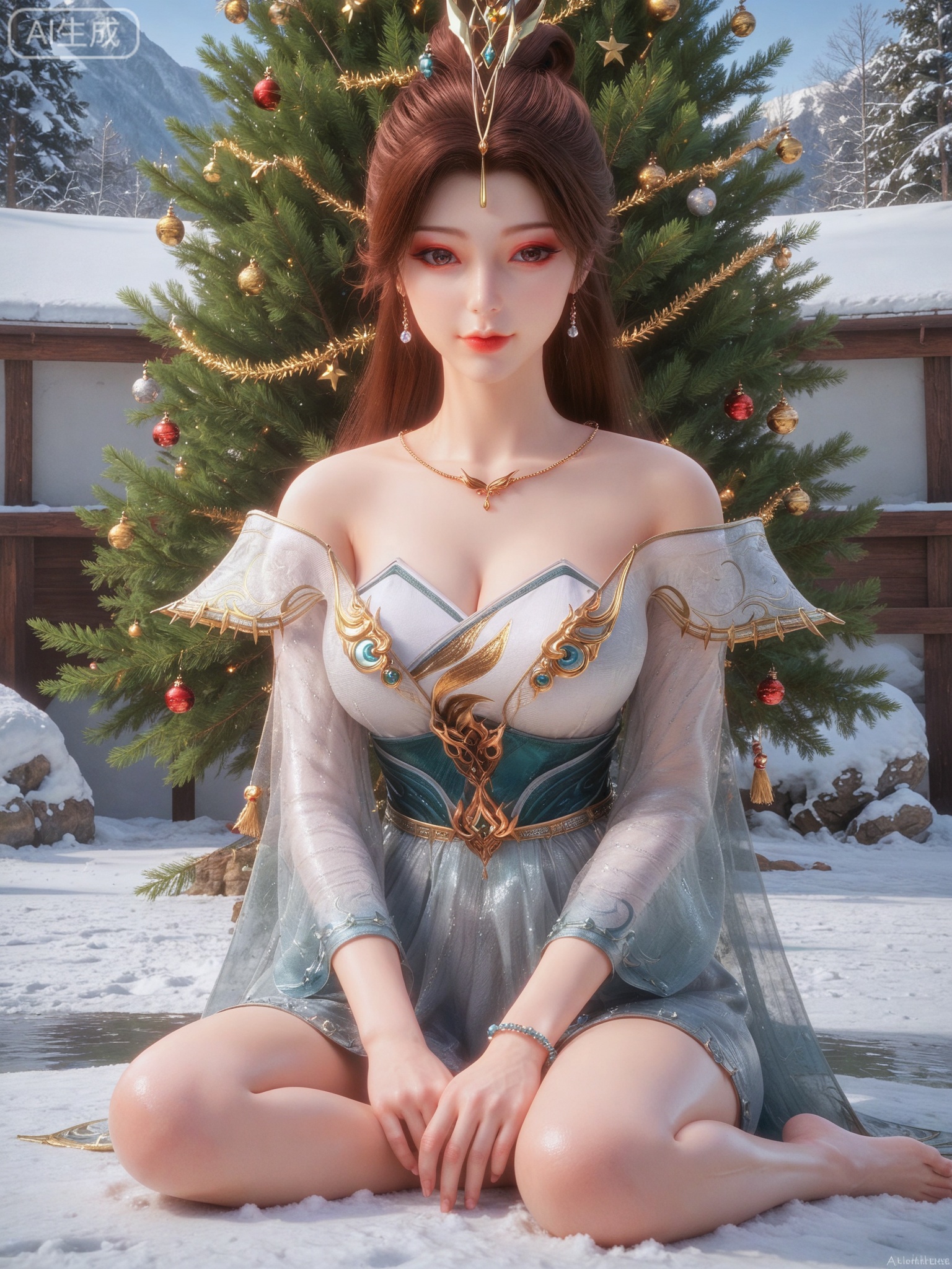 score_9,score_8_up,score_7_up,masterpiece,(best quality),(intricate details:0.9) BREAK (intricate details:0.9),(realistic skin:1.2),masterpiece,best quality,newest,absurdres,hiahres,1girl,solo,jewelry,hair ornament,dress,necklace,lips,eyeshadow,bracelet,tassel,(8k ultra-clear, pony style),photo pose 0.6, micro-expression: soft smile 0.3, half-body + medium shot 0.7,1girl,solo.looking_at_viewer,realistic,photorealistic,Vivid Colors,bright environment,shiny skin,shiny hairjewelry,detail eyes,Eyes highlights,glowing,sunshine,bright,reflection,bright,sunshine on face,shiny,shinny,petite,thin,leg slimming,lose weight,slim hips,lakeside,delicate water,reflection,(full body:0.8)sitting_down,eyelashes,snow,Winter,Snowy landscape,Snow accumulation,Christmas tree,(huge breasts:1),