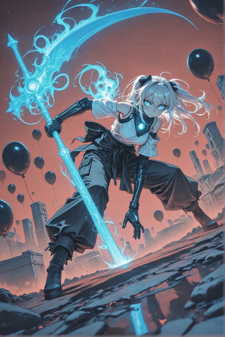 female anime character in black balloon trousers,  white top,  holding a gigantic sword on Tensor.Art