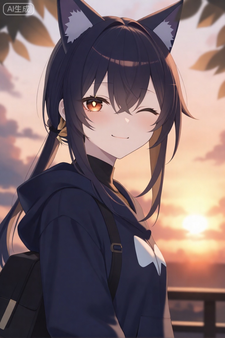  1girl, mika\(blue archive\), blue archive, game cg, solo, double v, happy, (looking at viewer), one eye closed, upper body, spoken_heart, cinematic angle, depth of field, outdoors, sunset, masterpiece, best quality