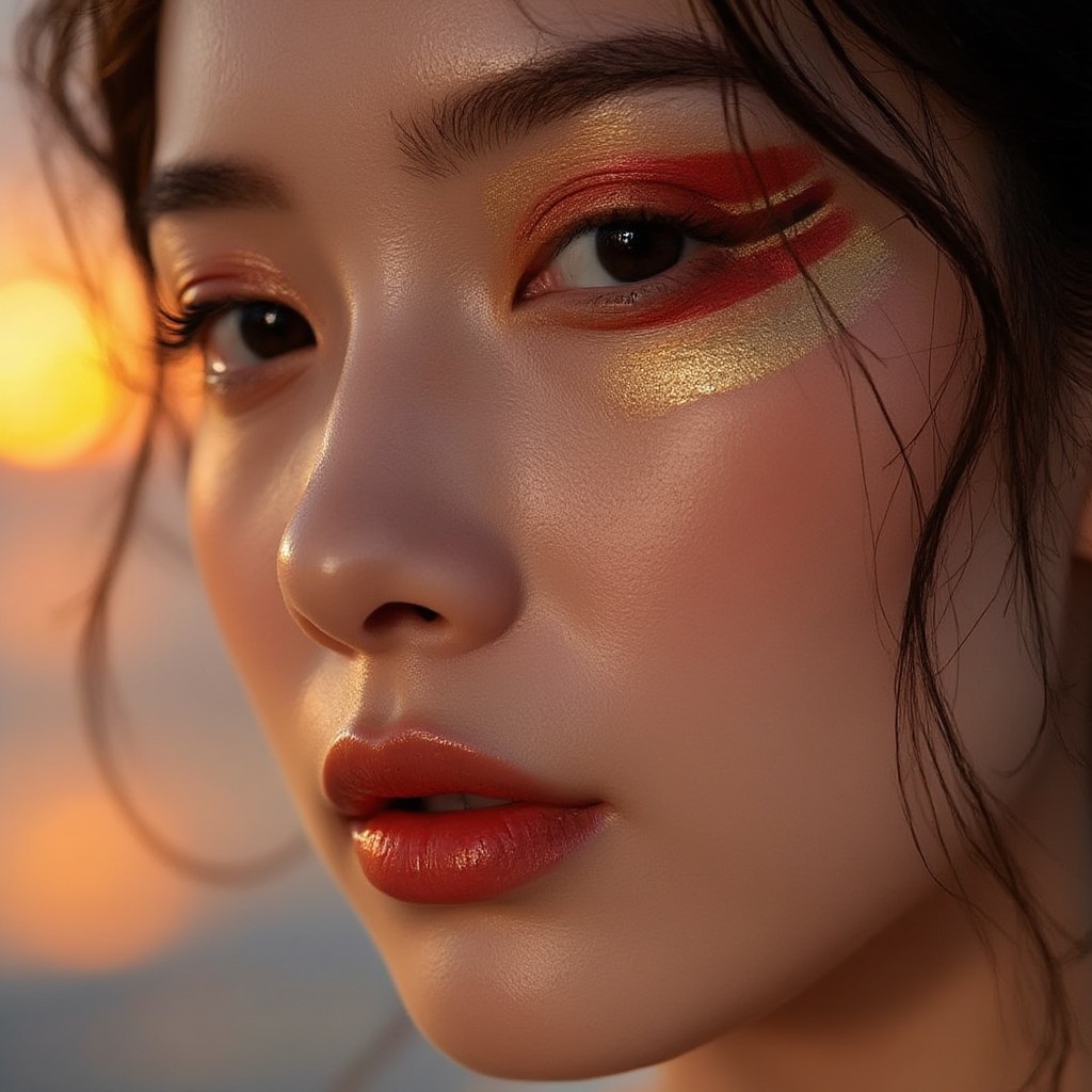 An ultra-close-up macro photograph of an Asian woman's face,  focusing on the left side. She has one eye slightly closed....