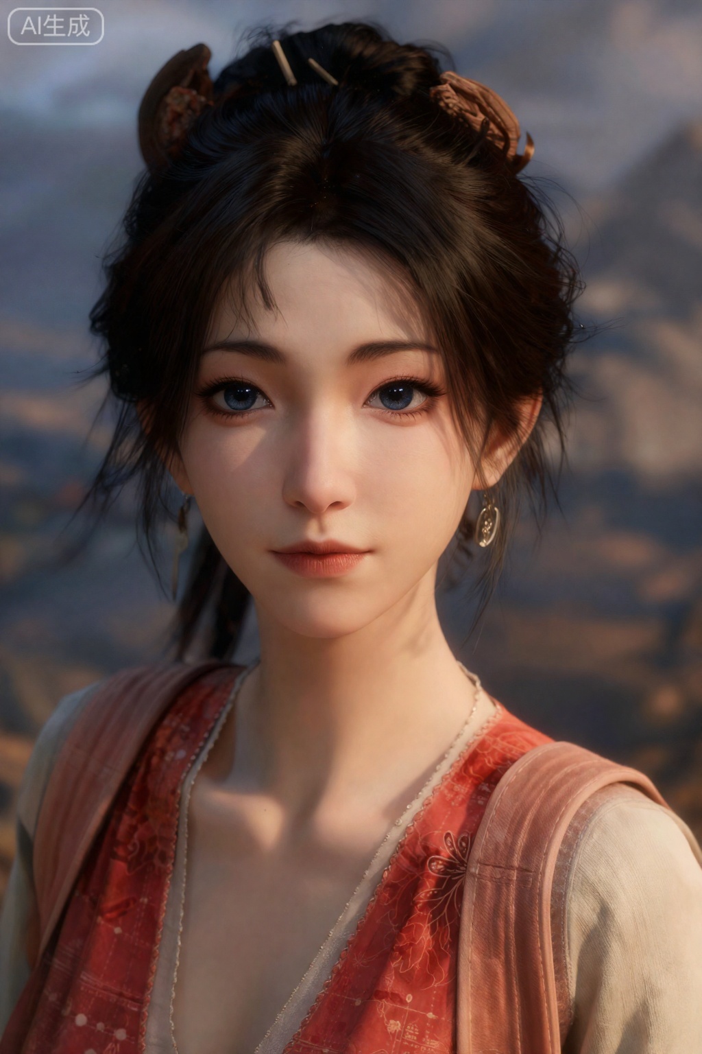 This is an CGI-anime-style image,anime girl,her name is Mu Peiling,She is a highly realistic digital portrait of a young woman with fair skin and delicate features. She has expressive blue eyes, full lips, dark brown slightly curly hair with small wooden hairpins pinned to it. She is wearing a red dress with delicate floral patterns and a beige long-sleeved top. Her earrings are long and drooping, and are silver