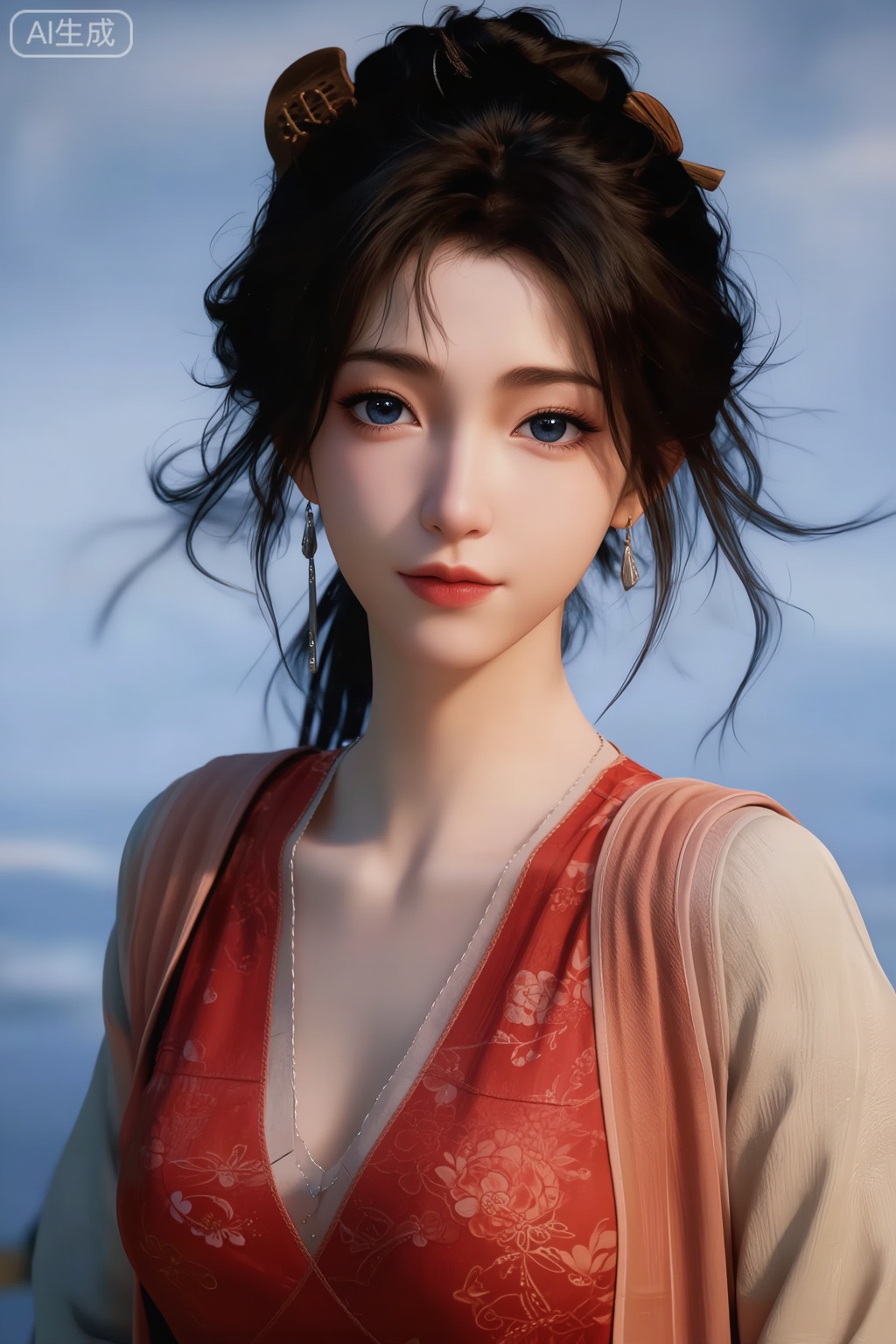 This is an CGI-anime-style image,anime girl,her name is Mu Peiling,She is a highly realistic digital portrait of a young woman with fair skin and delicate features. She has expressive blue eyes, full lips, dark brown slightly curly hair with small wooden hairpins pinned to it. She is wearing a red dress with delicate floral patterns and a beige long-sleeved top. Her earrings are long and drooping, and are silver