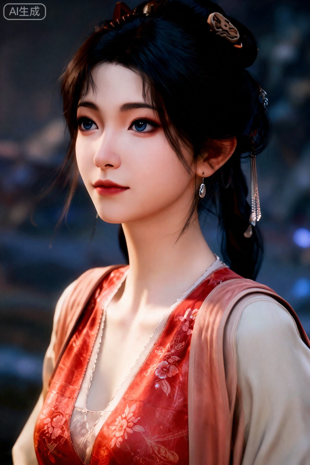 This is an CGI-anime-style image,anime girl,her name is Mu Peiling,She is a highly realistic digital portrait of a young woman with fair skin and delicate features. She has expressive blue eyes, full lips, dark brown slightly curly hair with small wooden hairpins pinned to it. She is wearing a red dress with delicate floral patterns and a beige long-sleeved top. Her earrings are long and drooping, and are silver