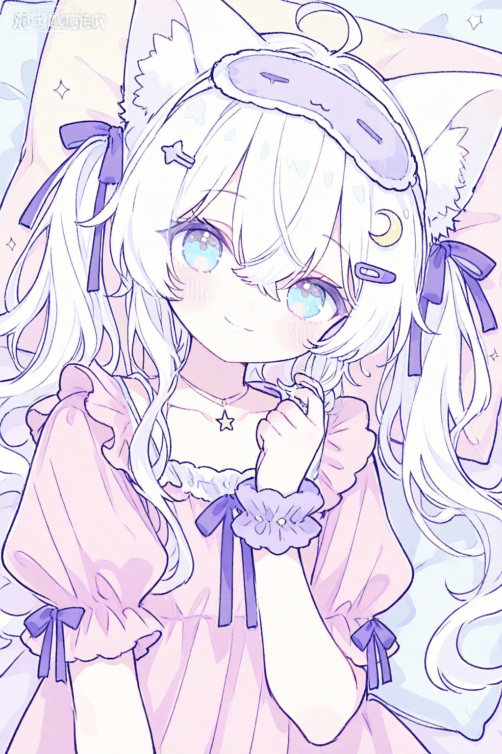 1girl, ahoge, animal ear fluff, animal ears, babydoll, blue eyes, cat ears, cat girl, cat hair ornament, closed mouth, collarbone, crescent, crescent hair ornament, crescent necklace, crossed bangs, dress, dutch angle, frilled babydoll, frilled sleeves, frills, hair ornament, hair ribbon, hairclip, head tilt, jewelry, light blush, logo, long hair, looking at viewer, necklace, nightgown, pajamas, pastel colors, pillow, pink babydoll, pink dress, pink nightgown, puffy short sleeves, puffy sleeves, purple ribbon, purple scrunchie, ribbon, scrunchie, short sleeves, sleep mask, smile, solo, sparkle, sparkling aura, threads username, twintails, twirling hair, upper body, virtual youtuber, white hair, wrist scrunchie

