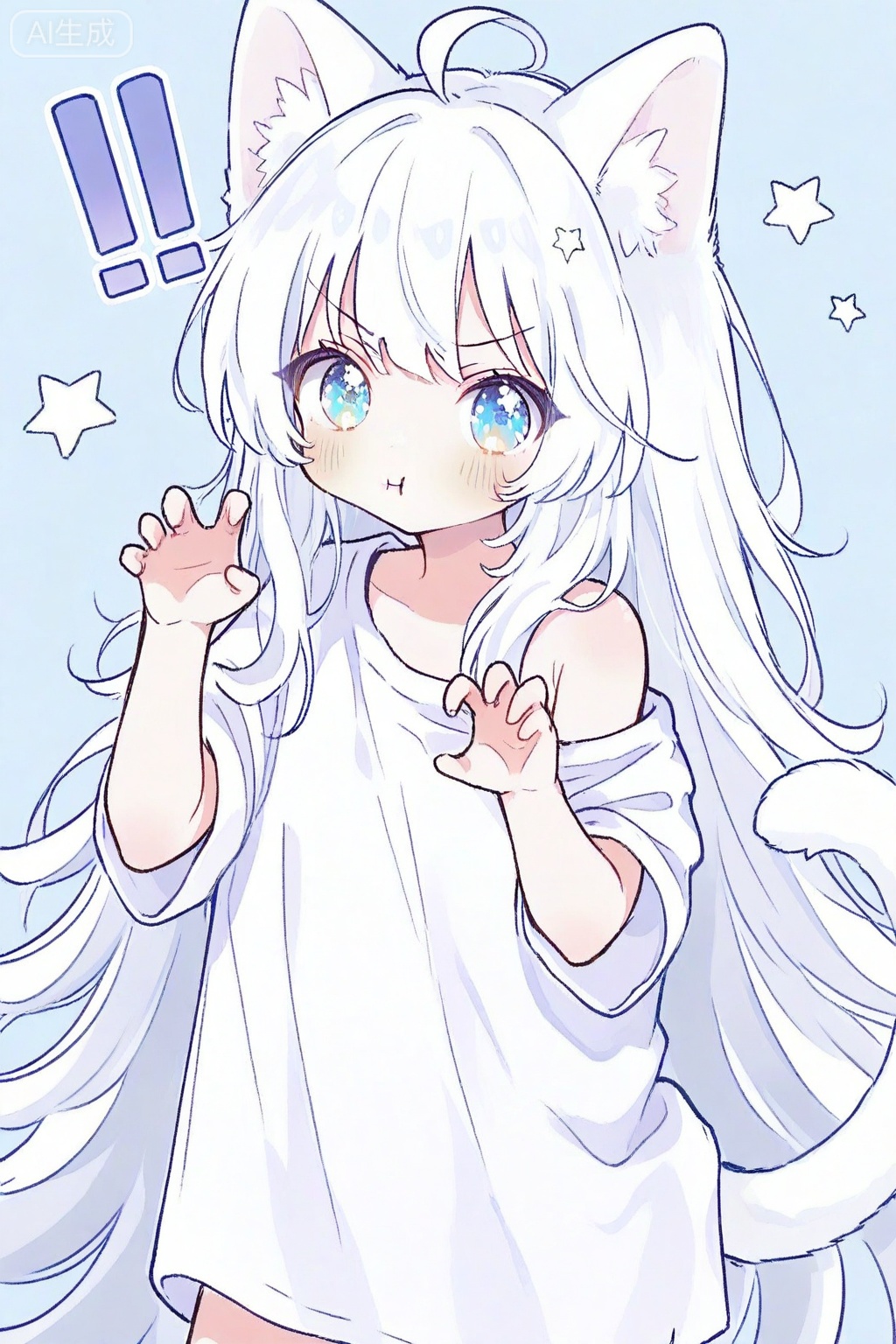 loli, 1girl, solo, long hair, looking at viewer, blush, bangs, blue eyes, simple background, shirt, animal ears, very long hair, closed mouth, tail, white shirt, ahoge, white hair, short sleeves, cat ears, off shoulder, star \(symbol\), v-shaped eyebrows, cat tail, animal ear fluff, hands up, blue background, cat girl, !, :t, pout, claw pose, !!, oversized shirt

