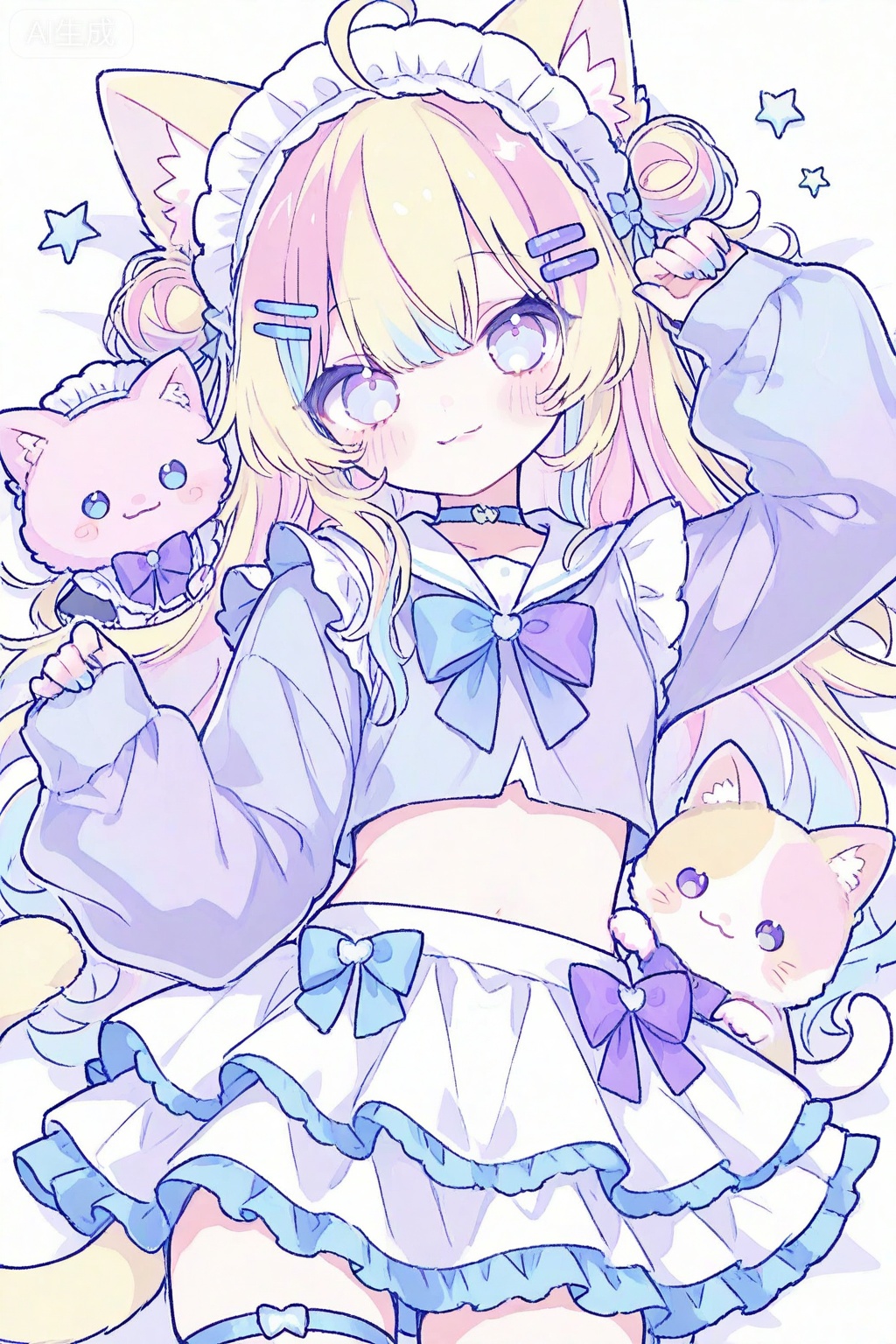 1girl, solo, animal ears, cat ears, tail, cat tail, long hair, skirt, looking at viewer, hair ornament, blonde hair, multicolored hair, long sleeves, ahoge, bow, midriff, blush, purple eyes, pink hair, closed mouth, thigh strap, hair bun, virtual youtuber, bangs, frills, heart, cat girl, on back, hairclip, crop top, choker, smile, sailor collar, lying, shirt, blue bow, :3, blue hair, nail polish, candy, stuffed animal, stuffed toy, layered skirt, maid headdress, streaked hair, bowtie, double bun, food, pink eyes, frilled skirt, animal ear fluff, arm up, sleeves past wrists, two-tone hair, white skirt, purple bow, simple background, star (symbol), multicolored clothes, blue nails