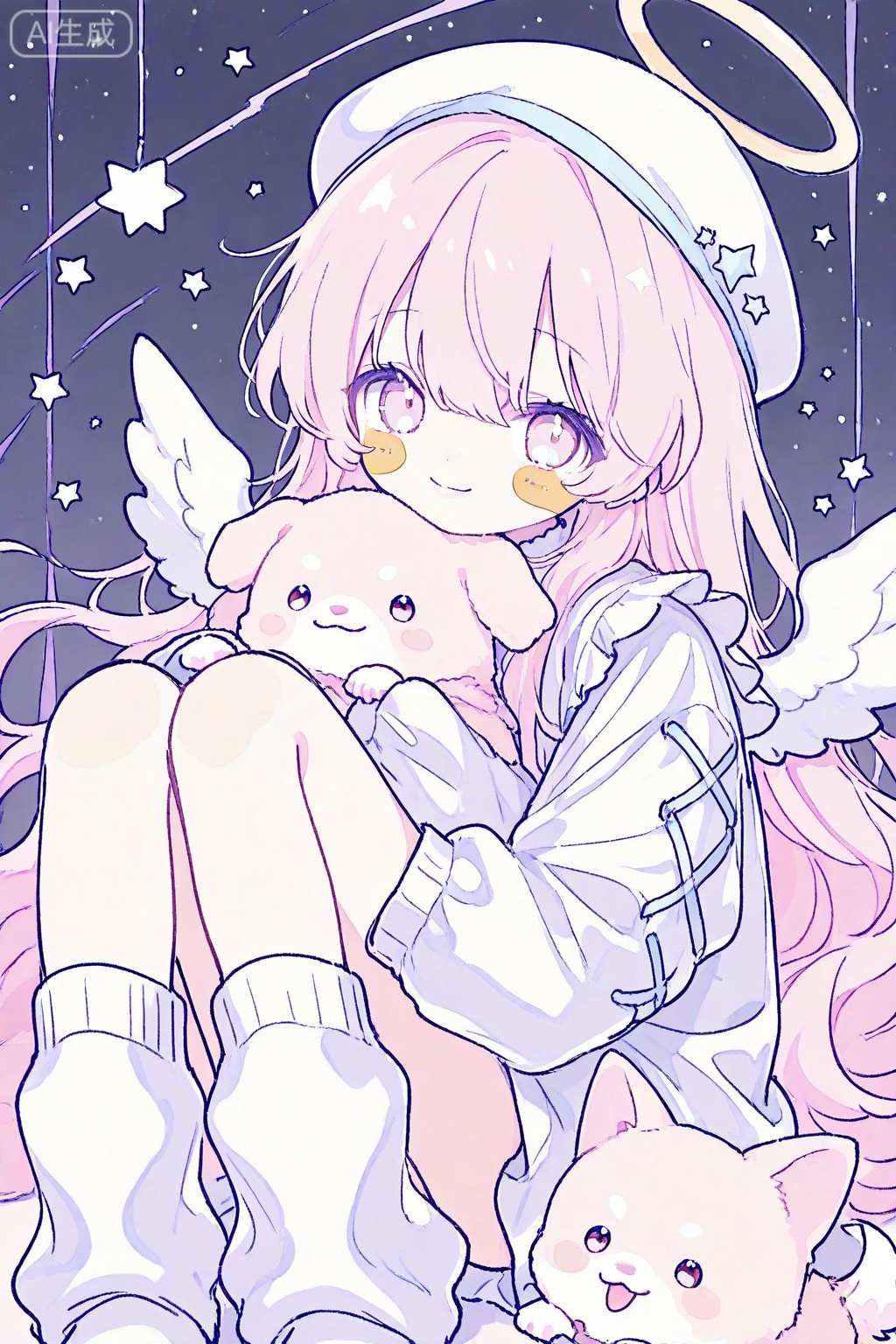 1girl, pink hair, long hair, pink eyes, smile, hat, white headwear, dog, looking at viewer, solo, wings, halo, long sleeves, closed mouth, star \(sky\), animal, sitting, socks, beret, cross-laced sleeves, blush, blush stickers, white wings, loose socks, white socks, starry sky