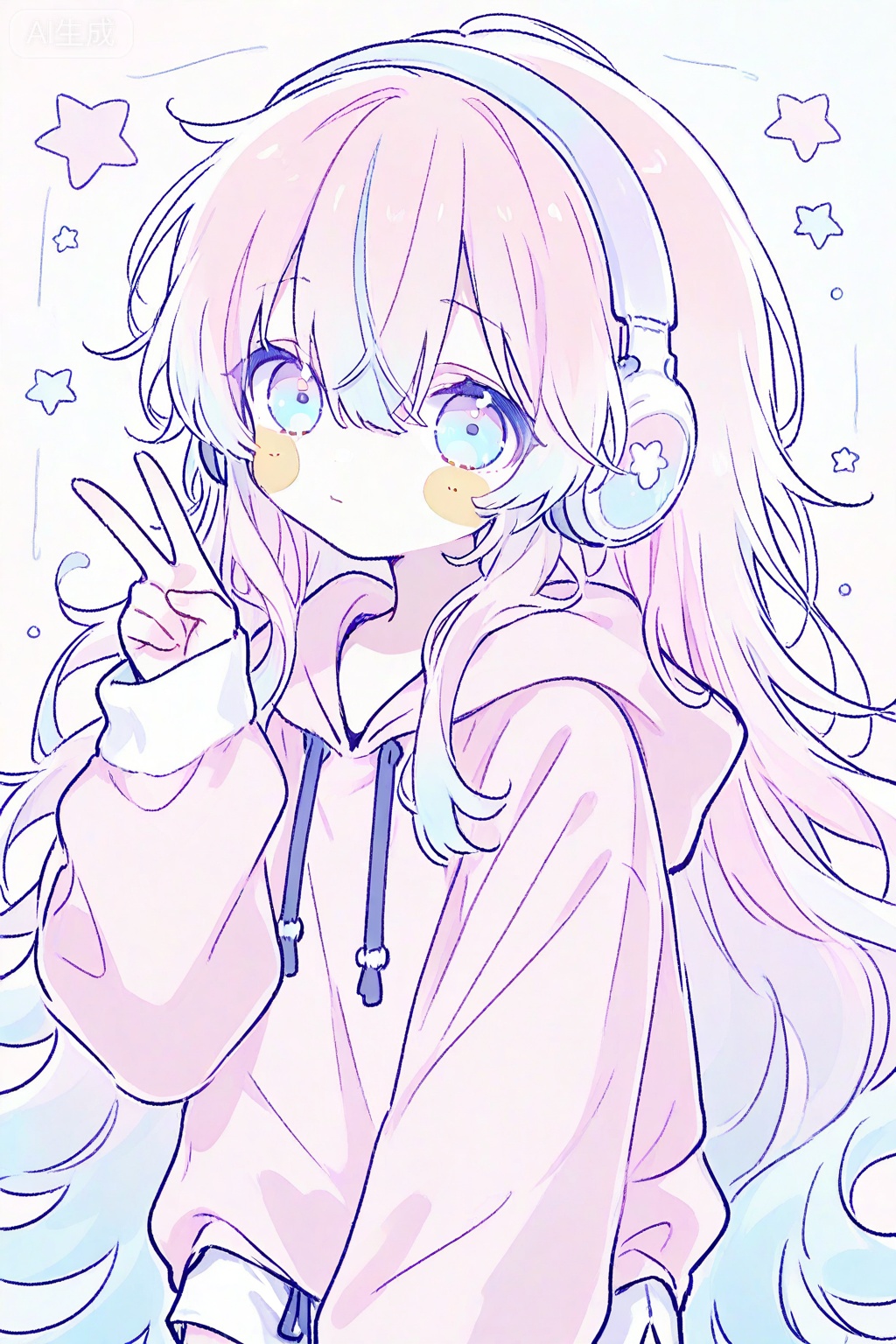 1girl, solo, hood, pink hair, hoodie, long hair, headphones, pink hoodie, blue hair, multicolored hair, long sleeves, hood down, v, white shorts, shorts, closed mouth, blue eyes, drawstring, gradient hair, pastel colors, blush stickers, very long hair, white pants, hair between eyes, sidelocks, pink sleeves, upper body, detached sleeves