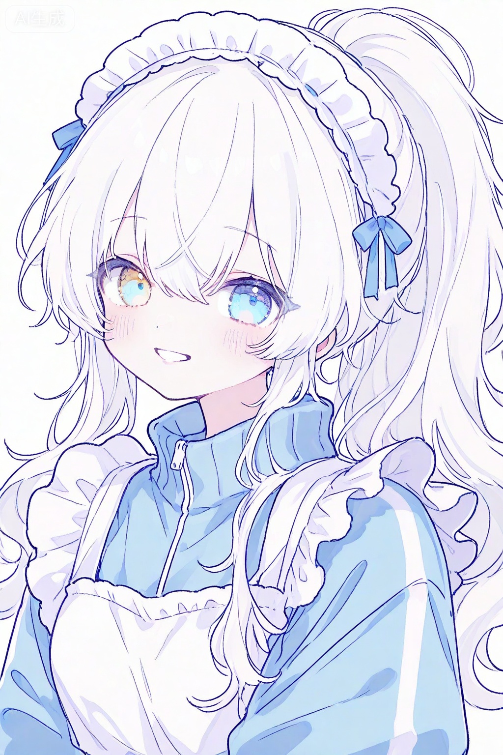 1girl, solo, unconventional maid, maid, maid headdress, smile, blue eyes, jacket, track jacket, long hair, apron, white background, looking at viewer, white hair, upper body, white apron, simple background, maid apron, blush, ponytail, blue jacket, frilled apron, frills, heterochromia, grin