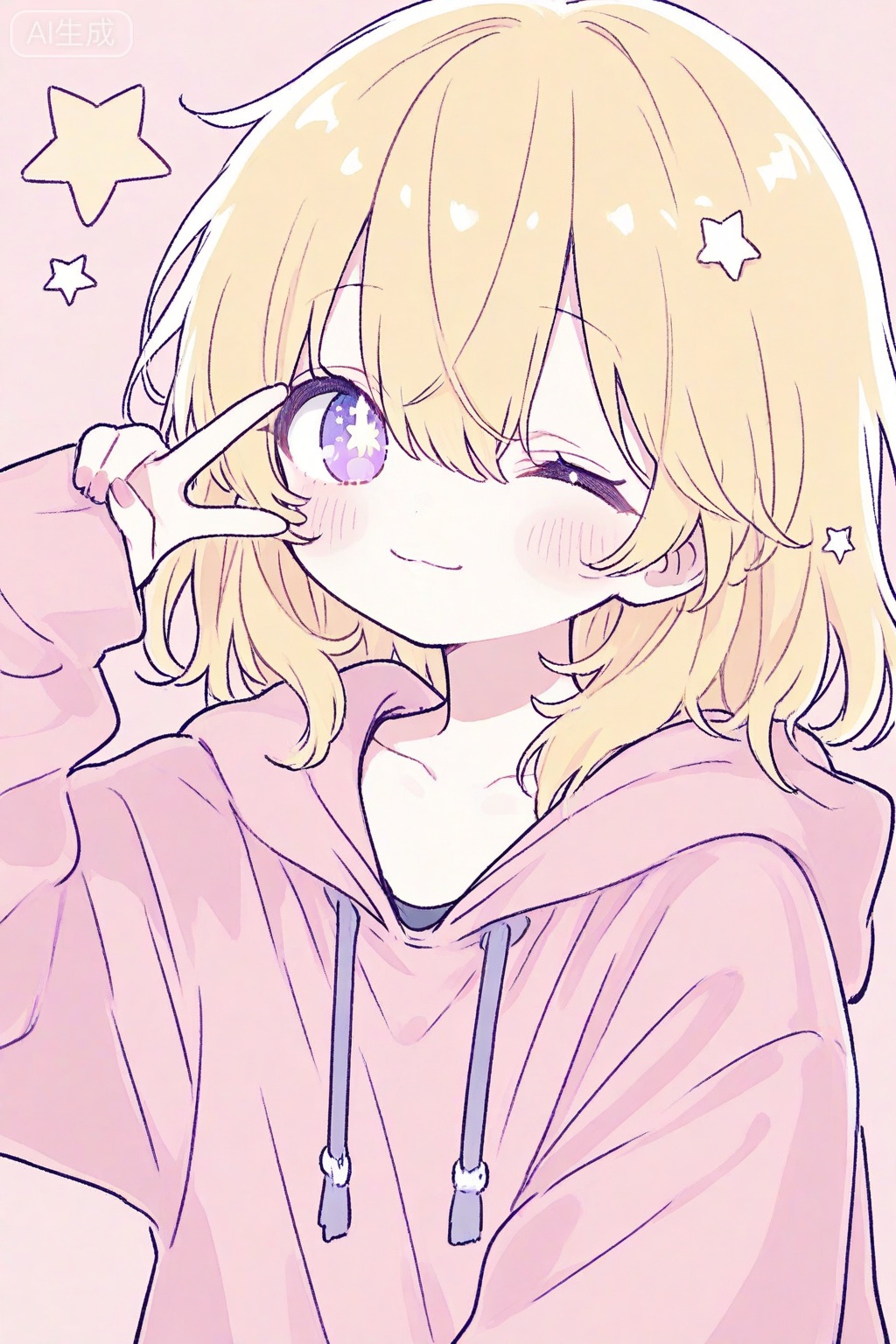 1girl, one eye closed, solo, blonde hair, star \(symbol\), hood, star-shaped pupils, hoodie, v, purple eyes, looking at viewer, smile, upper body, medium hair, symbol-shaped pupils, collarbone, simple background, blush, long sleeves, hood down, closed mouth, pink hoodie, :3, v over eye, pink background, pink nails, hair between eyes, nail polish