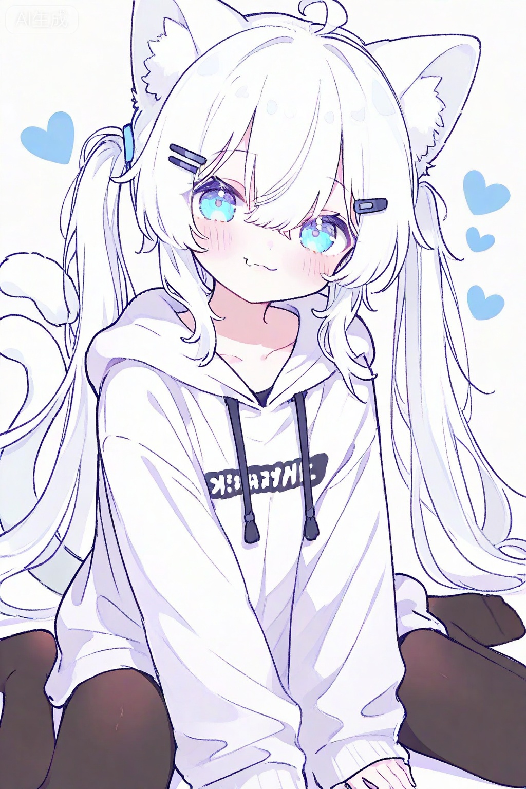 1girl, solo, long hair, looking at viewer, blush, smile, bangs, blue eyes, simple background, hair ornament, long sleeves, white background, animal ears, hair between eyes, twintails, sitting, closed mouth, collarbone, tail, ahoge, white hair, heart, pantyhose, hairclip, cat ears, hood, cat tail, animal ear fluff, sleeves past wrists, black pantyhose, hoodie, :3, wariza, no shoes, hood down, cat girl, clothes writing, between legs, hand between legs, drawstring, fang out, white hoodie

