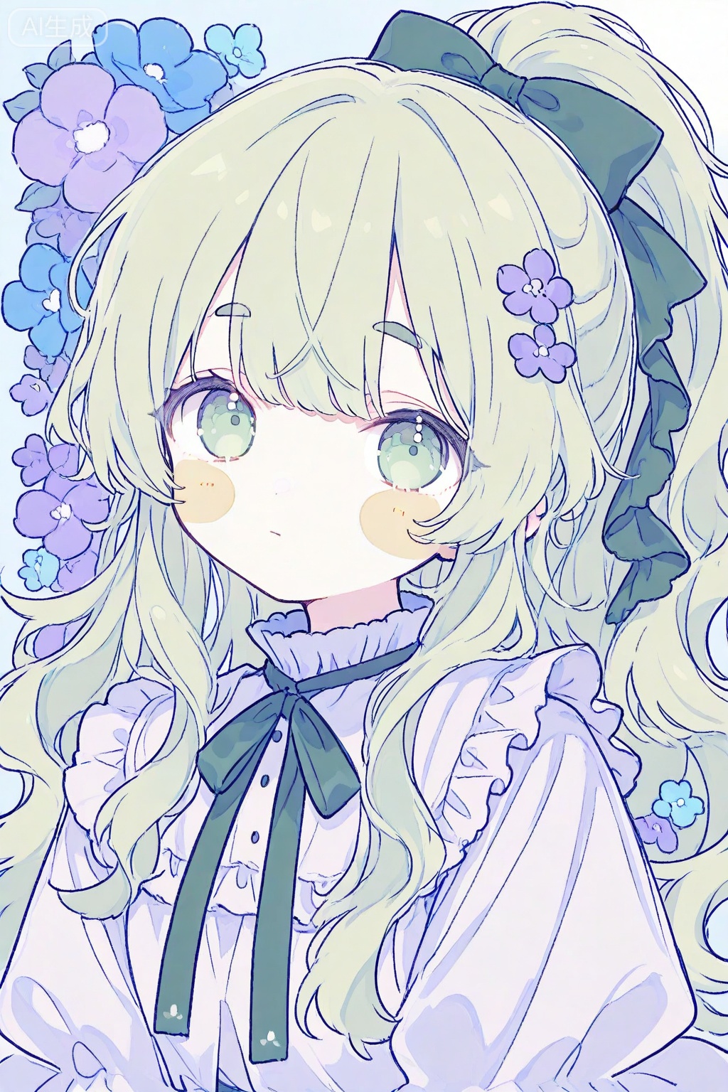 1girl, solo, flower, long hair, looking at viewer, bow, hair bow, closed mouth, ribbon, green hair, green eyes, blush, ponytail, thick eyebrows, frills, frilled shirt collar, shirt, blush stickers, upper body, neck ribbon, purple flower, white background, green bow, blue flower, blue background, frilled collar