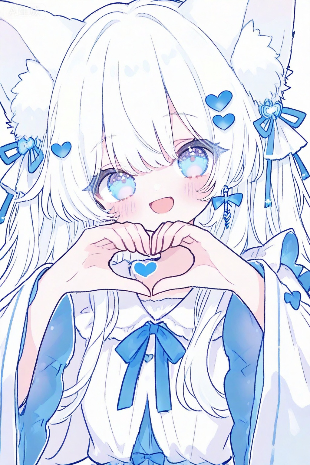 1girl, heart, heart hands, solo, animal ears, blue eyes, white hair, long hair, smile, blush, long sleeves, looking at viewer, jewelry, open mouth, animal ear fluff, earrings, upper body, simple background, frills, hair ornament, cat ears, white background, shirt, white shirt, blue bow, bow, wide sleeves, dress, :d