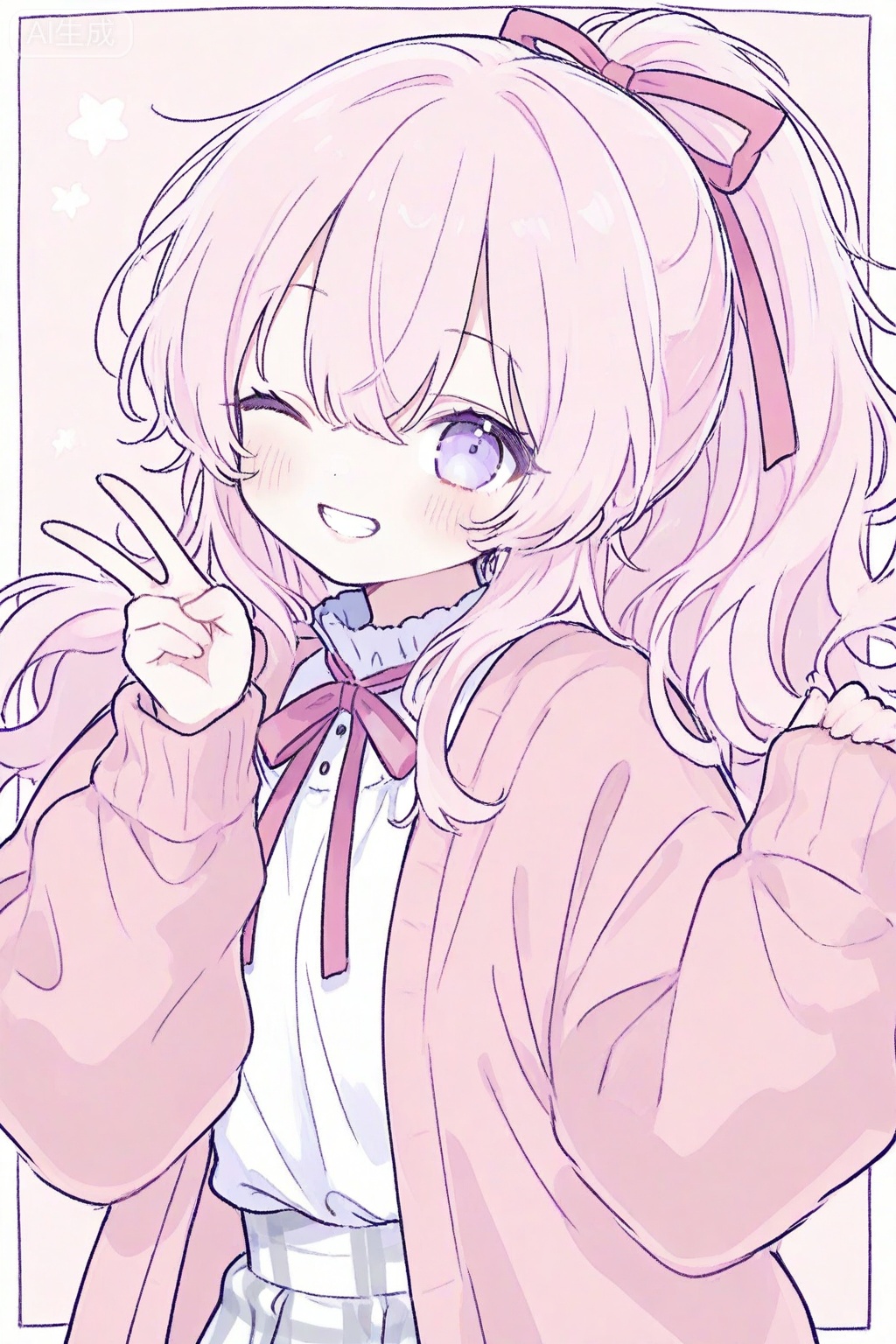 1girl, solo, one eye closed, ribbon, smile, shirt, pink hair, long hair, ponytail, skirt, white shirt, pink ribbon, looking at viewer, purple eyes, blush, hair ribbon, long sleeves, jacket, white skirt, neck ribbon, pink jacket, open clothes, plaid skirt, grin, plaid, pink cardigan, cardigan, white border, v