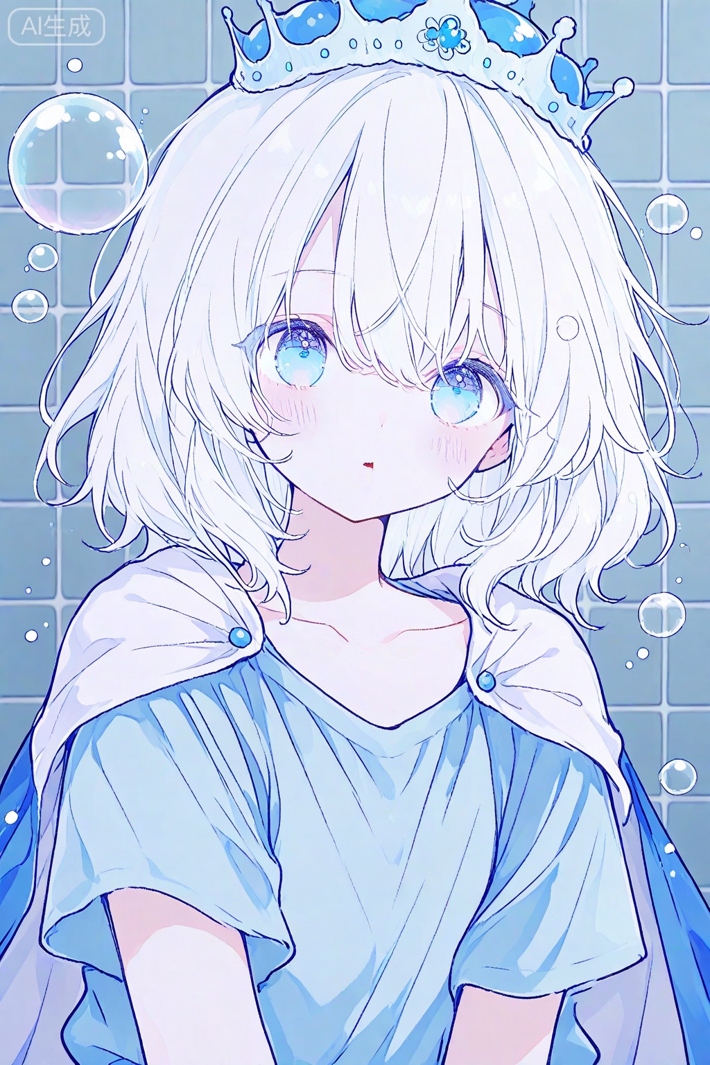 1girl, solo, white hair, crown, blue eyes, upper body, short sleeves, shirt, blush, short hair, blue shirt, medium hair, bubble, parted lips, cape, blurry, collarbone, tile wall, blurry background