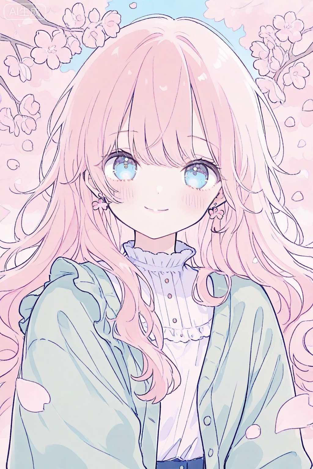 1girl, solo, long hair, pink hair, cherry blossoms, smile, earrings, jewelry, shirt, flower earrings, looking at viewer, blush, white shirt, upper body, cardigan, petals, flower, blue eyes, closed mouth, outdoors, jacket, pink flower, skirt, open clothes, frills, buttons, green cardigan, blue cardigan, branch
