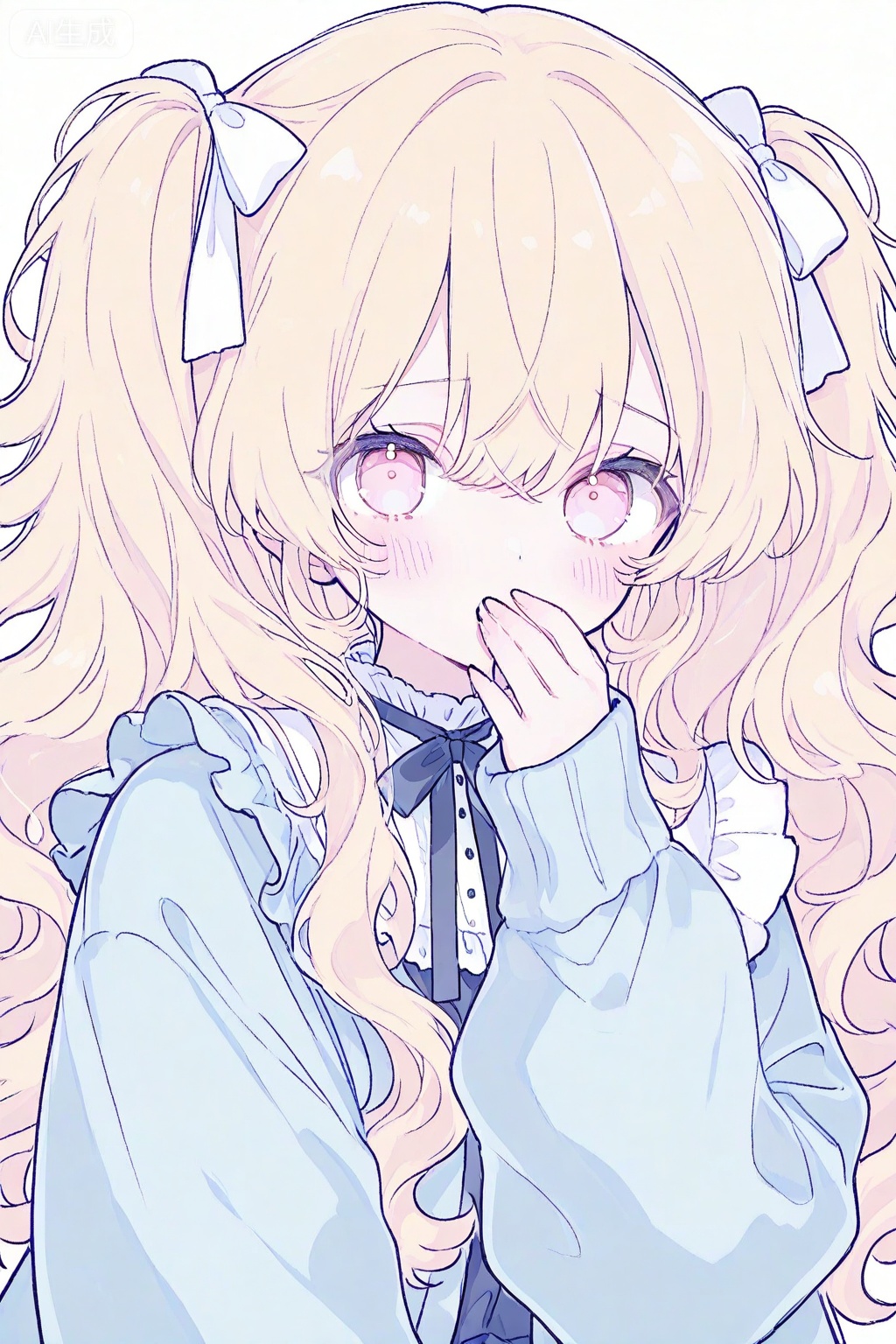 1girl, solo, long hair, blush, looking at viewer, blonde hair, bow, simple background, upper body, cardigan, hair bow, twintails, long sleeves, covering own mouth, frills, pink eyes, white bow, blue cardigan, wavy hair, white background, dress, ribbon, jacket