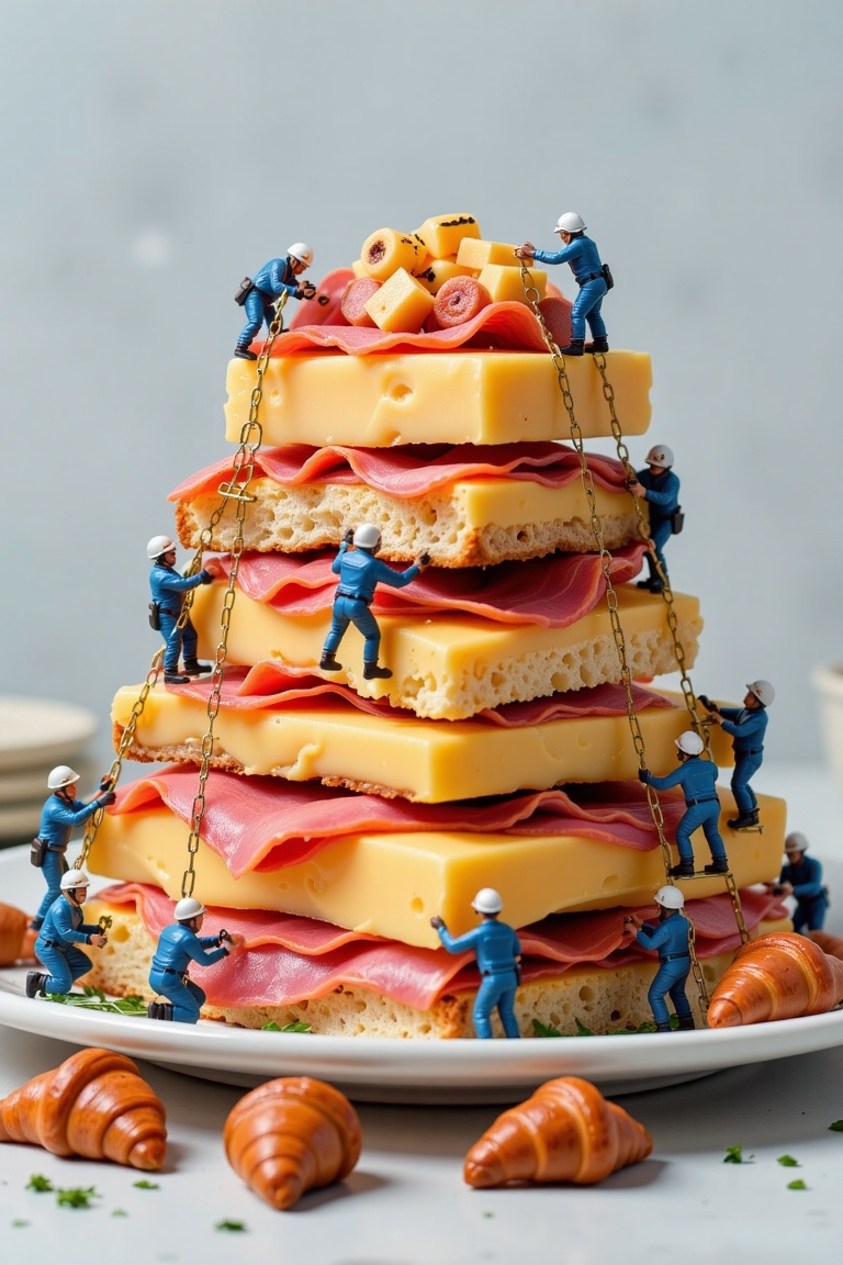 The image depicts a whimsical and creative scene where miniature figurines are working together to assemble a large stack...