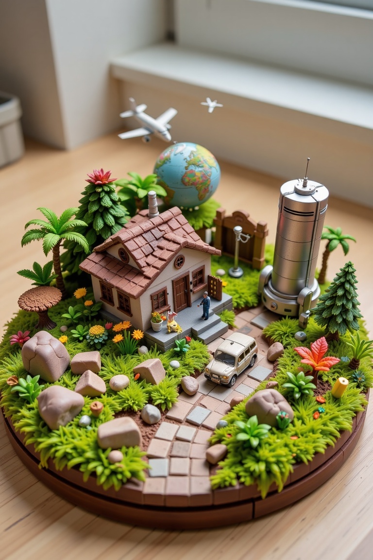 The image depicts a detailed diorama featuring a miniature scene with various elements. At the center,  there is a small h...