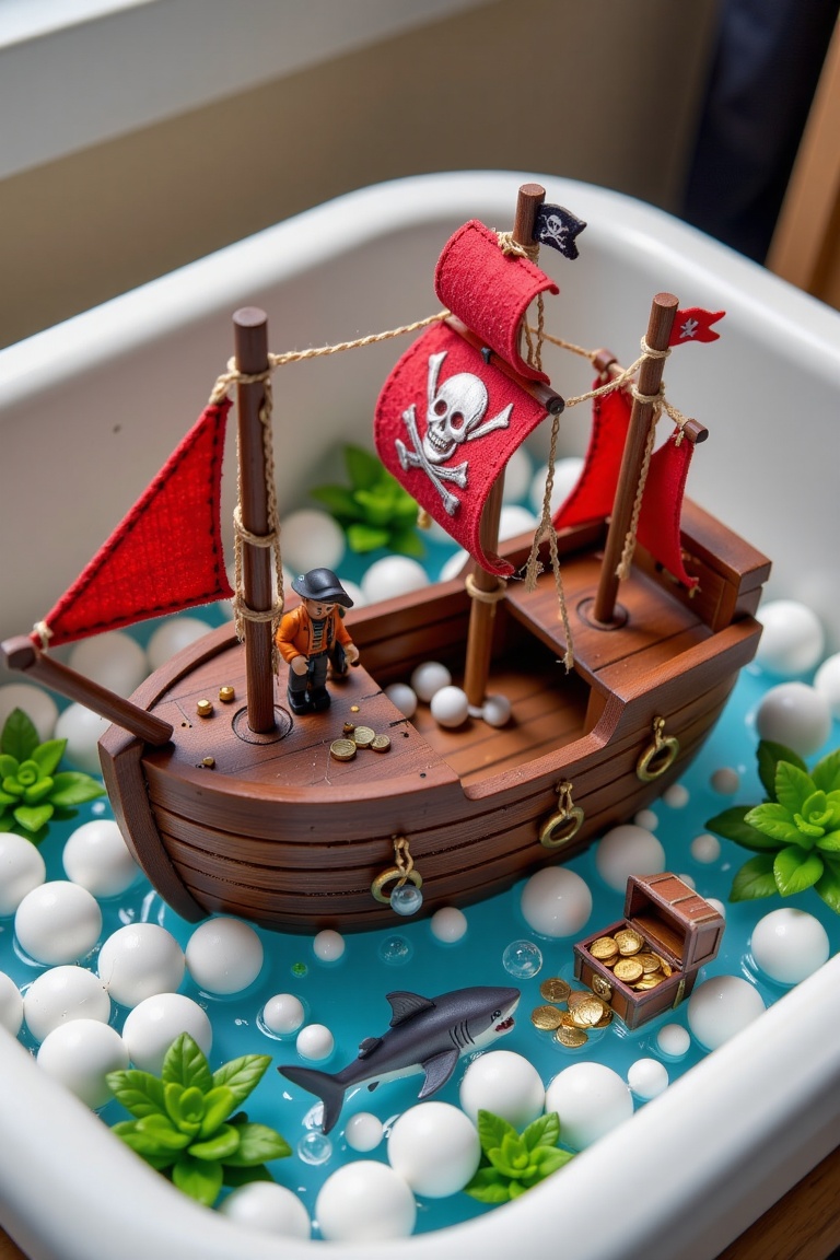 The image depicts a detailed miniature scene of a pirate ship. The ship is made of wood and features a red sail with a sku...