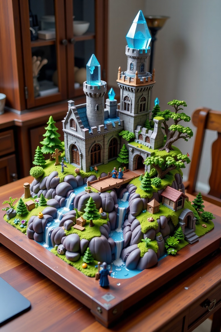 The image depicts a detailed miniature scene on a wooden table. The centerpiece is a fantastical castle with two prominent...