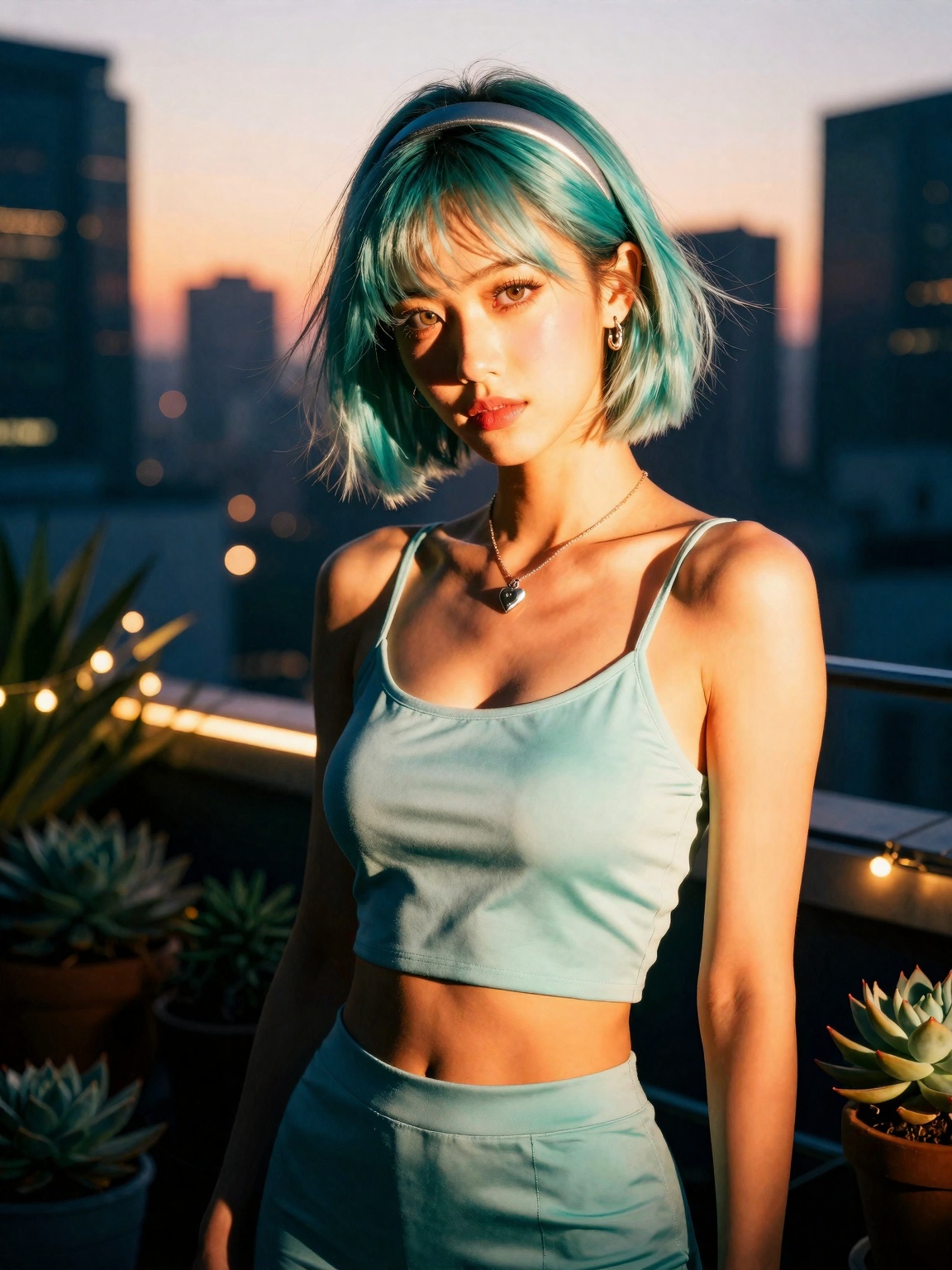 Picture of a 22-year-old urban girl with luminous porcelain skin,  a soft olive undertone,  a heart-shaped face on Tensor.Art