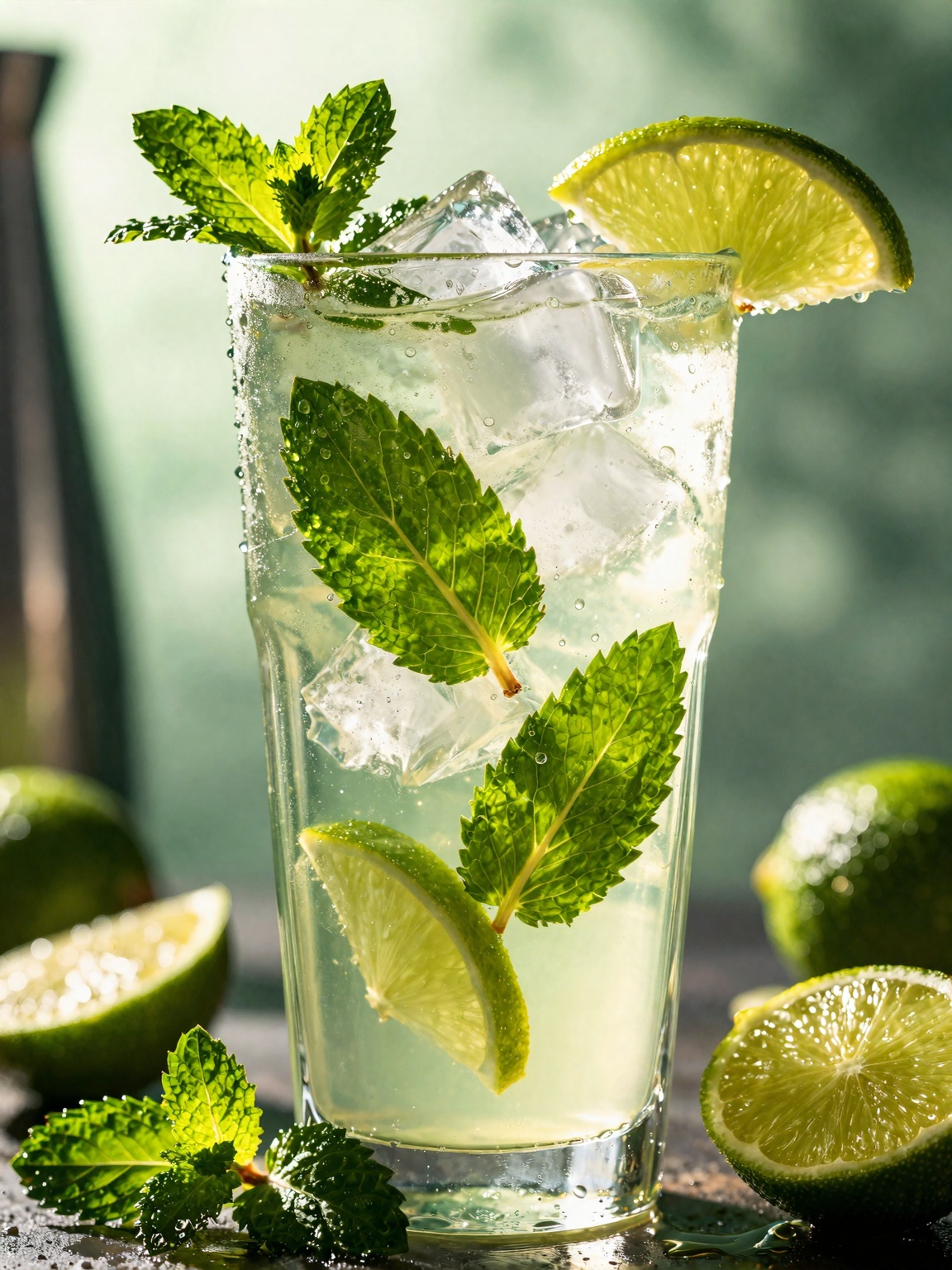 Icy mojito cocktail,  mint leaves,  lime wedges on Tensor.Art