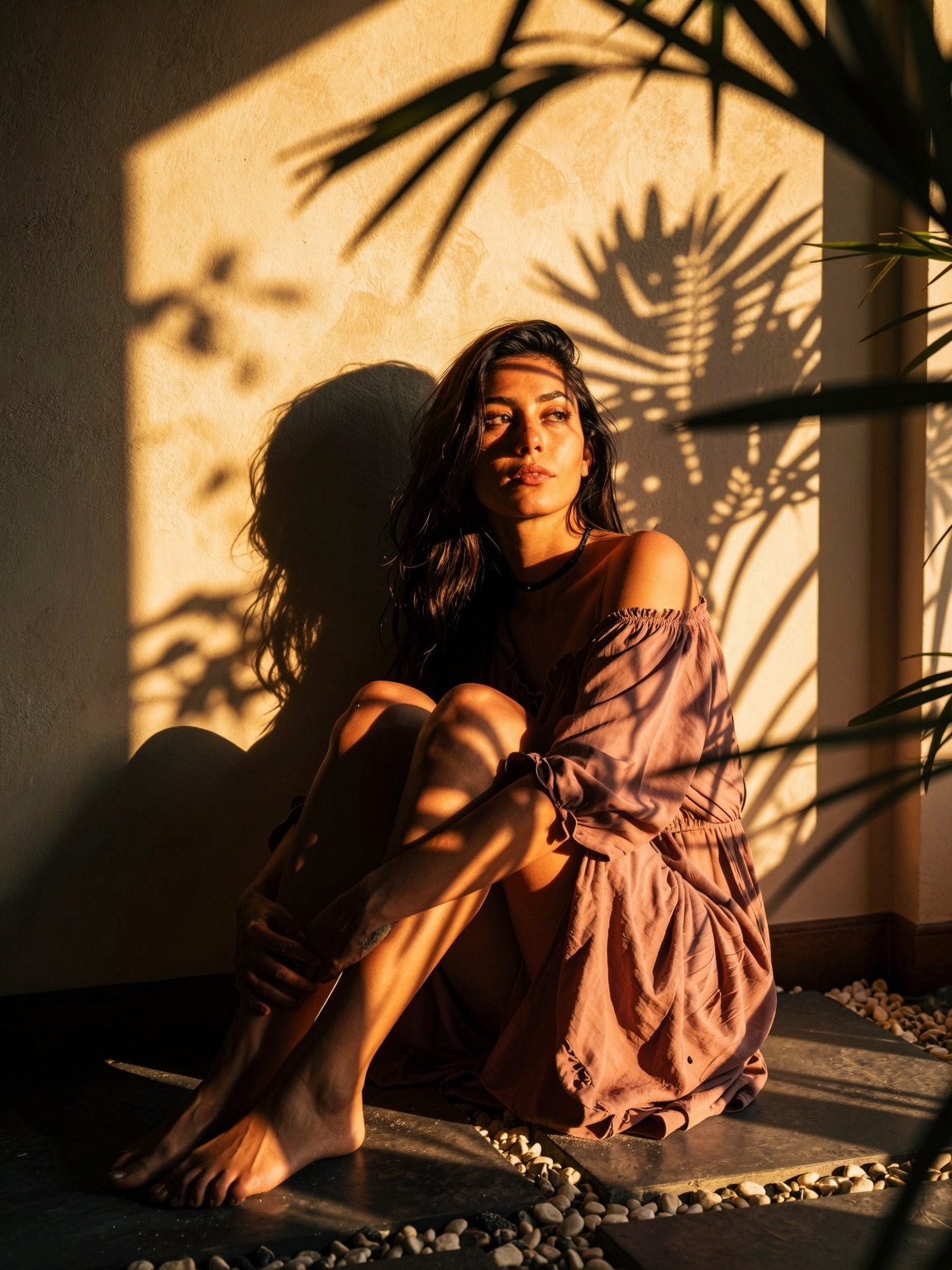 ture.A photorealistic,  cinematic portrait of a young woman with long dark hair sitting on a patio floor against a plain b...