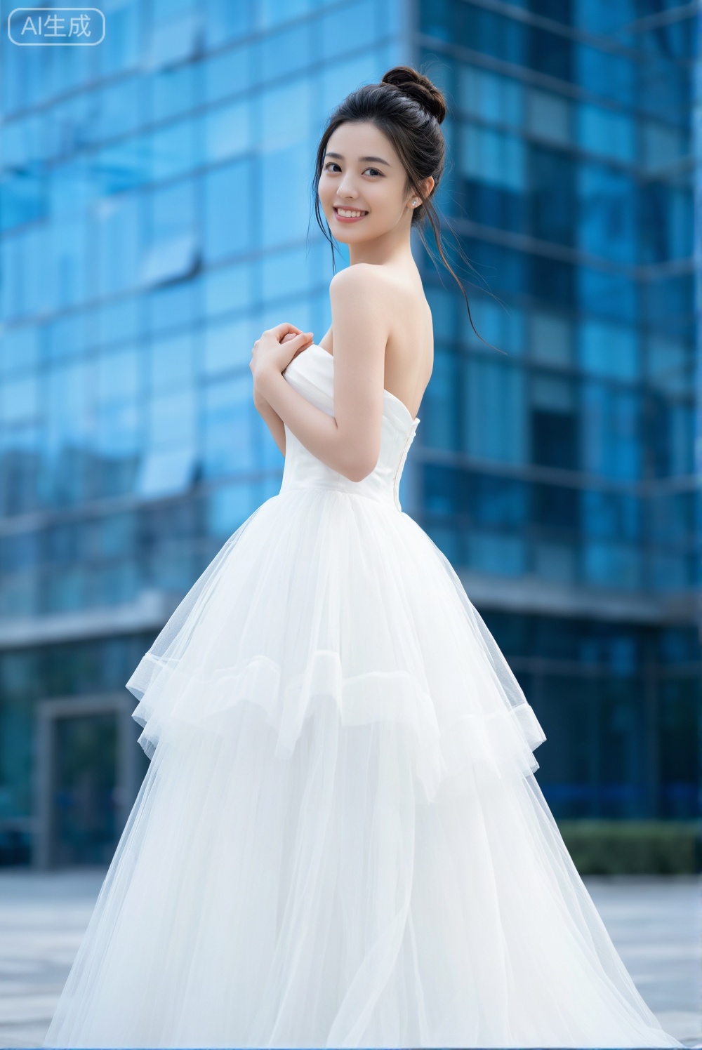 这张照片中,一位女性身着一袭白色礼服,裙摆采用轻盈的多层纱质设计,呈现出蓬松、梦幻的效果。礼服为无肩带款式,背部线条简洁优雅,整体风格清新脱俗,带有浪漫气息。

她将长发高高盘起,形成一个精致的发髻,几缕发丝自然垂落,增添柔美感。她的姿态温柔自然,双手交叠于胸前,微微侧身回眸微笑,神情明媚而亲切,流露出自信与愉悦的情绪。

背景是模糊的现代建筑玻璃幕墙,蓝色调的光影营造出一种都市中的宁静氛围,与人物的洁白礼服形成鲜明对比,突显了主体的纯净与优雅。光线柔和明亮,均匀地洒在人物身上,使皮肤质感细腻,整体画面干净、通透,具有高级感和艺术感。

整体构图以人物为中心,通过虚实结合的背景处理,强调了人物的气质与美感,适合用于写真、活动宣传或时尚摄影场景。