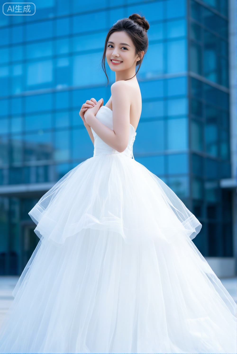 这张照片中,一位女性身着一袭白色礼服,裙摆采用轻盈的多层纱质设计,呈现出蓬松、梦幻的效果。礼服为无肩带款式,背部线条简洁优雅,整体风格清新脱俗,带有浪漫气息。

她将长发高高盘起,形成一个精致的发髻,几缕发丝自然垂落,增添柔美感。她的姿态温柔自然,双手交叠于胸前,微微侧身回眸微笑,神情明媚而亲切,流露出自信与愉悦的情绪。

背景是模糊的现代建筑玻璃幕墙,蓝色调的光影营造出一种都市中的宁静氛围,与人物的洁白礼服形成鲜明对比,突显了主体的纯净与优雅。光线柔和明亮,均匀地洒在人物身上,使皮肤质感细腻,整体画面干净、通透,具有高级感和艺术感。

整体构图以人物为中心,通过虚实结合的背景处理,强调了人物的气质与美感,适合用于写真、活动宣传或时尚摄影场景。