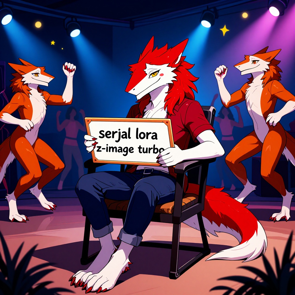 An anthropomorphic sergal with red fur wearing a shirt and casual pants sitting in a chair holding a board with text "serg...