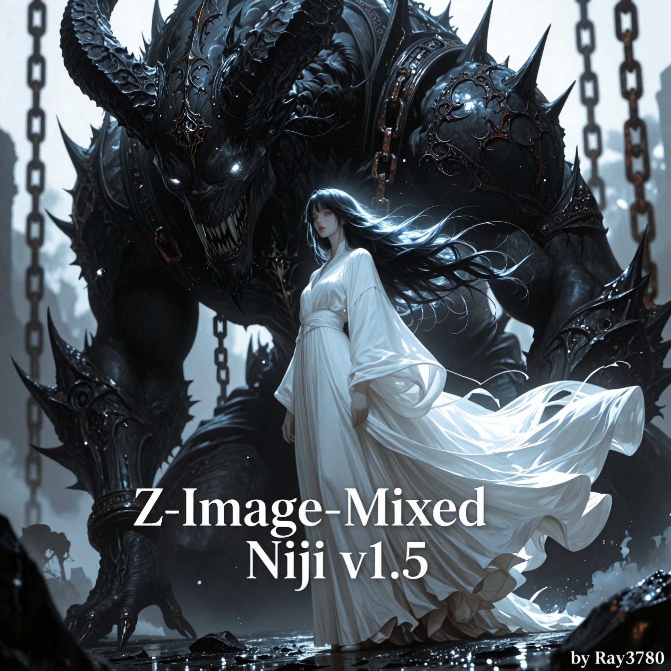 绘画niji暗黑奇幻史诗风格,  巨型黑色恶魔与白衣女子的反差场景：巨型暗黑恶魔（通体呈哑光黑与金属光泽交织的质感,  头生螺旋巨角 on Tensor.Art