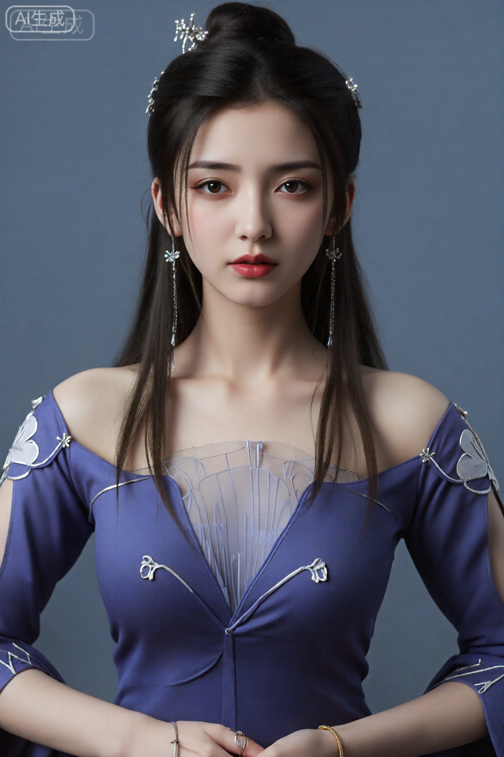 上半身照片,该图像描绘了一个年轻女子,长长的深色头发在高度上造型,有几条松散的绳子构成了她的脸。她穿着一件紫色的露肩连衣裙,肩膀上有精致的白线图案和花卉装饰。她的妆容柔软,具有自然的外观,具有定义的眉毛,微妙的眼影和鲜红色的唇膏。她的手腕上有长长的耳环和金手镯。当她直接看着相机时,她的表情很平静,稍微沉思。,李慕婉