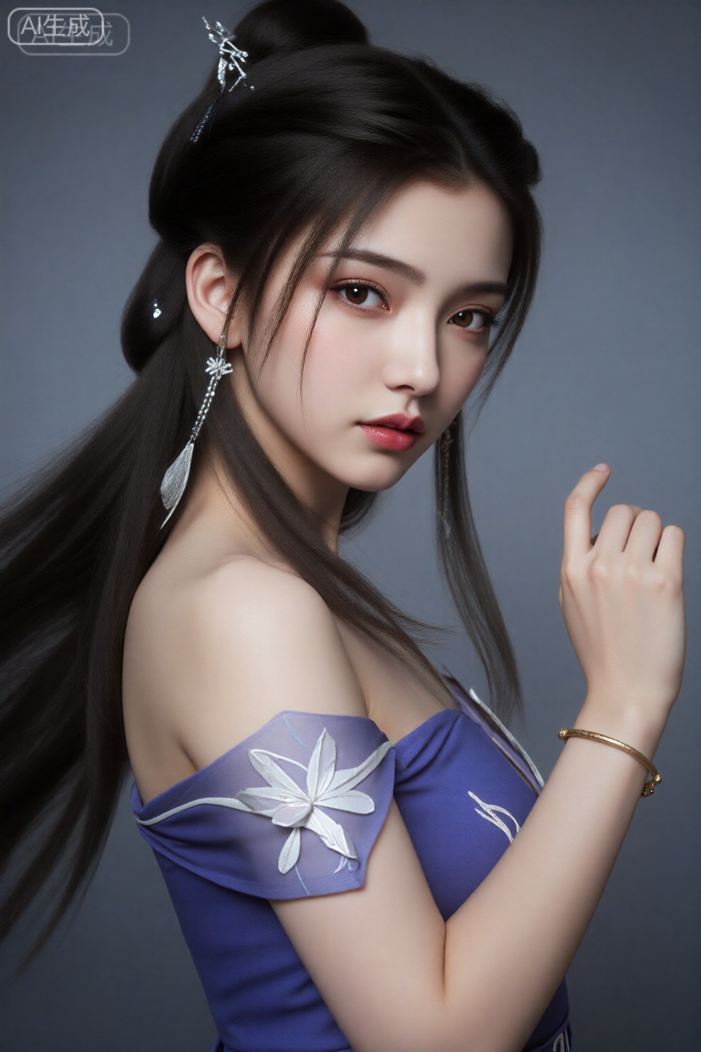 这是一幅高度细致、逼真的数字艺术作品,描绘的是一位年轻的亚洲女性,皮肤白皙,长发为深棕色,盘成优雅的髻,饰有银色发夹和一朵精致的小花。她有一双富有表情的棕色大眼睛和丰满的粉红色嘴唇。她穿着一件带有银色和白色装饰的露肩紫色连衣裙,右臂上有一朵大白花。她的左手举到脸附近,露出一只金手镯。背景是简单的渐变灰色。。图像具有柔和、空灵的品质。