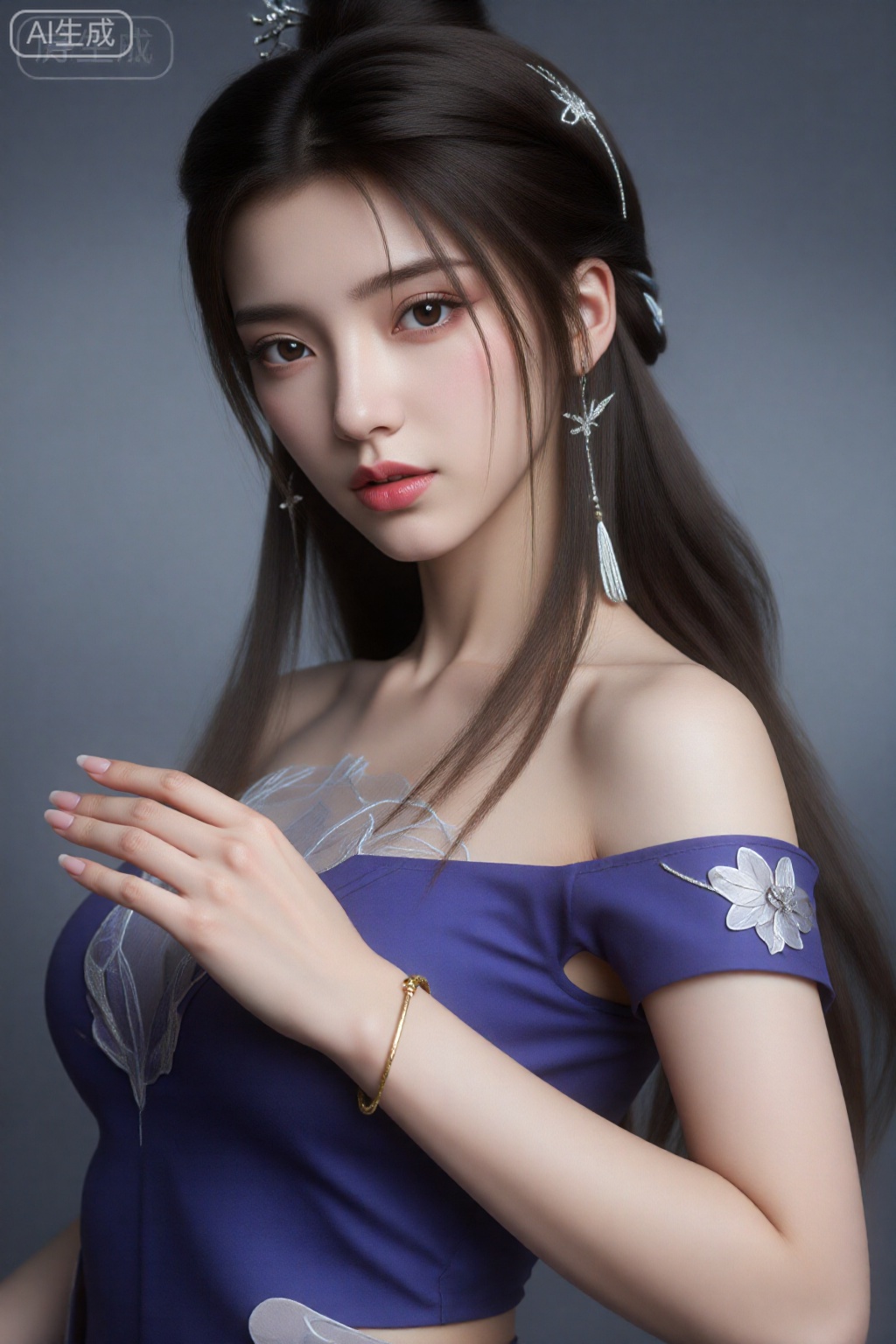 这是一幅高度细致、逼真的数字艺术作品,描绘的是一位年轻的亚洲女性,皮肤白皙,长发为深棕色,盘成优雅的髻,饰有银色发夹和一朵精致的小花。她有一双富有表情的棕色大眼睛和丰满的粉红色嘴唇。她穿着一件带有银色和白色装饰的露肩紫色连衣裙,右臂上有一朵大白花。她的左手举到脸附近,露出一只金手镯。背景是简单的渐变灰色。。图像具有柔和、空灵的品质。