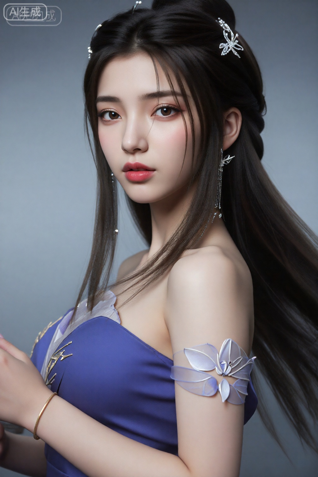这是一幅高度细致、逼真的数字艺术作品,描绘的是一位年轻的亚洲女性,皮肤白皙,长发为深棕色,盘成优雅的髻,饰有银色发夹和一朵精致的小花。她有一双富有表情的棕色大眼睛和丰满的粉红色嘴唇。她穿着一件带有银色和白色装饰的露肩紫色连衣裙,右臂上有一朵大白花。她的左手举到脸附近,露出一只金手镯。背景是简单的渐变灰色。。图像具有柔和、空灵的品质。