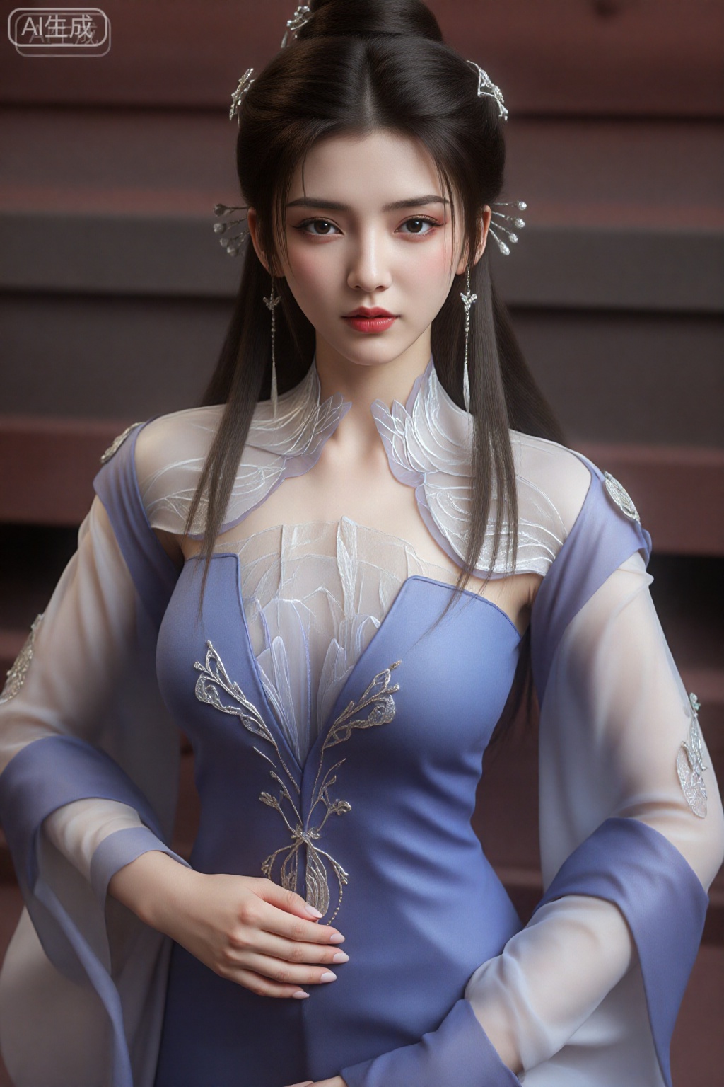 这是一幅非常详细、逼真的数字CGI 肖像,描绘的是一位东亚女性,皮肤白皙,黑色长直发饰有银色发夹。她穿着一件优雅的薰衣草色维多利亚风格连衣裙,带有透明的白色袖子和复杂的银色刺绣。这件衣服是高领和深V领,凸显了她中等大小的胸部。她有着精致、平静的表情,红色的唇膏和精致的眼妆。她的右手轻轻地放在她的胸口上。背景模糊,深色、柔和的色调突出了她作为焦点。