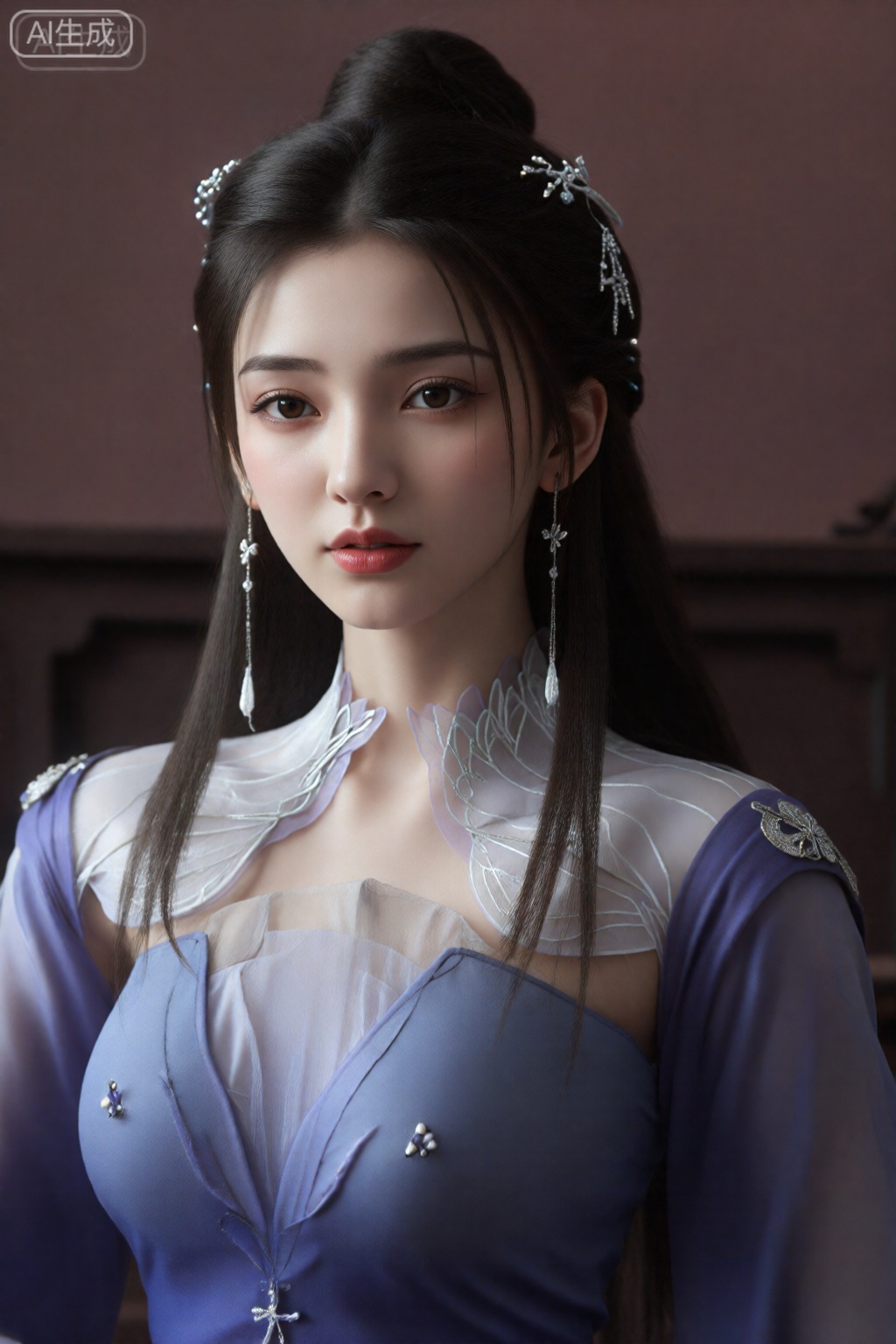 真实照片.,李慕婉,黑色长直发,发髻,头饰,,紫色服装,正面照片