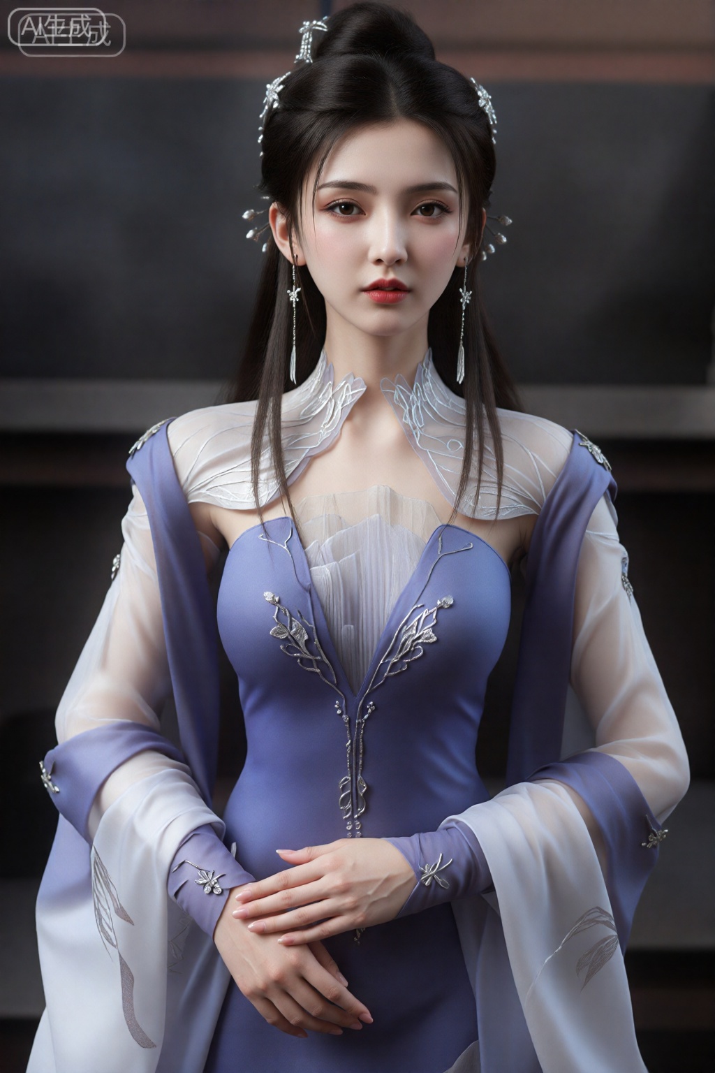 这是一幅非常详细、逼真的数字CGI 肖像,描绘的是一位东亚女性,皮肤白皙,黑色长直发饰有银色发夹。她穿着一件优雅的薰衣草色维多利亚风格连衣裙,带有透明的白色袖子和复杂的银色刺绣。这件衣服是高领和深V领,凸显了她中等大小的胸部。她有着精致、平静的表情,红色的唇膏和精致的眼妆。她的右手轻轻地放在她的胸口上。背景模糊,深色、柔和的色调突出了她作为焦点。