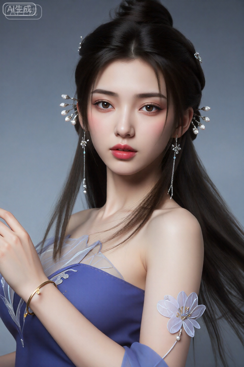 这是一幅高度细致、逼真的数字艺术作品,描绘的是一位年轻的亚洲女性,皮肤白皙,长发为深棕色,盘成优雅的髻,饰有银色发夹和一朵精致的小花。她有一双富有表情的棕色大眼睛和丰满的粉红色嘴唇。她穿着一件带有银色和白色装饰的露肩紫色连衣裙,右臂上有一朵大白花。她的左手举到脸附近,露出一只金手镯。背景是简单的渐变灰色。。图像具有柔和、空灵的品质。