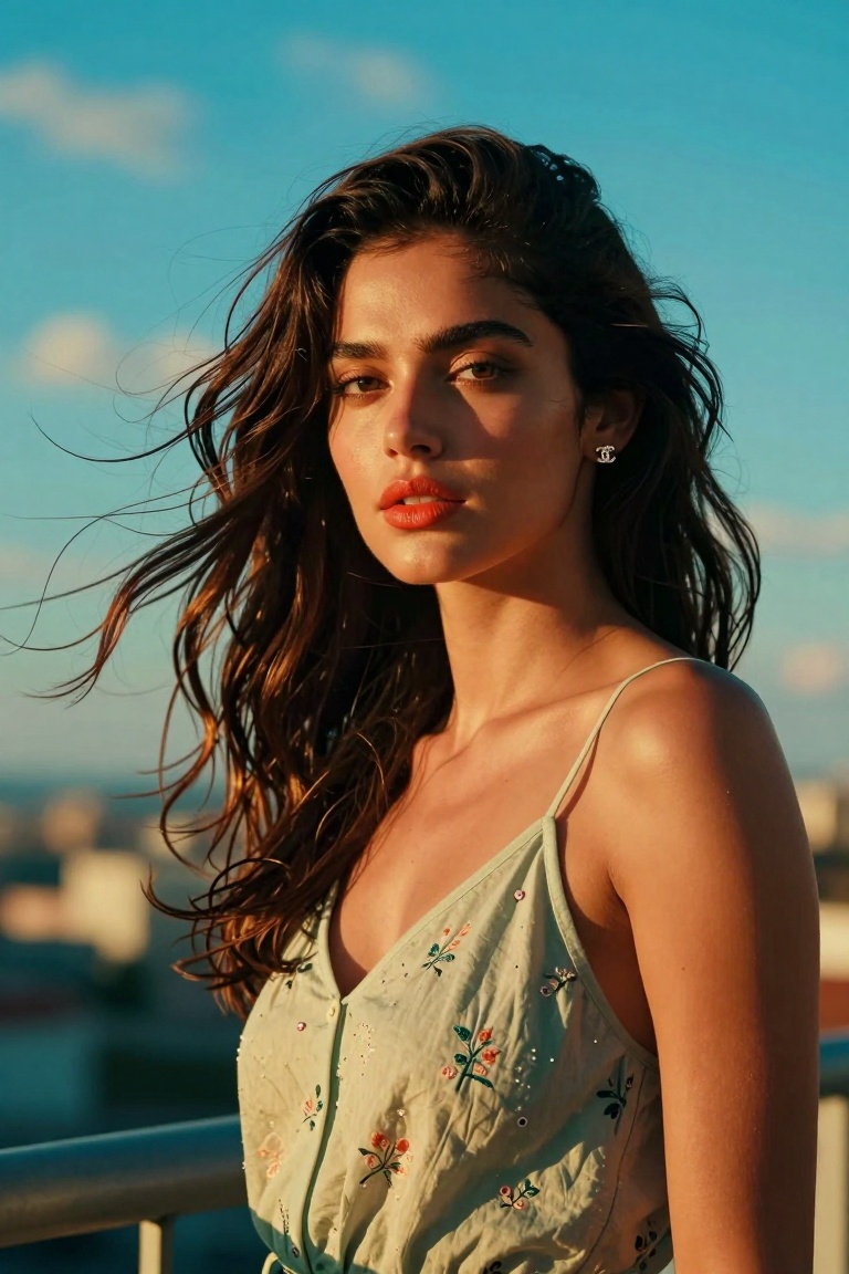 A breathtakingly beautiful young woman standing on a rooftop or balcony against a vast,  clear blue sky with soft white cl...