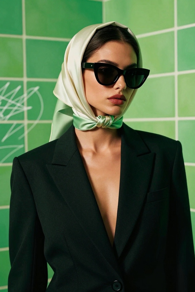 A strikingly beautiful woman with flawless porcelain skin and sharp,  sculpted cheekbones stands confidently against a vib...
