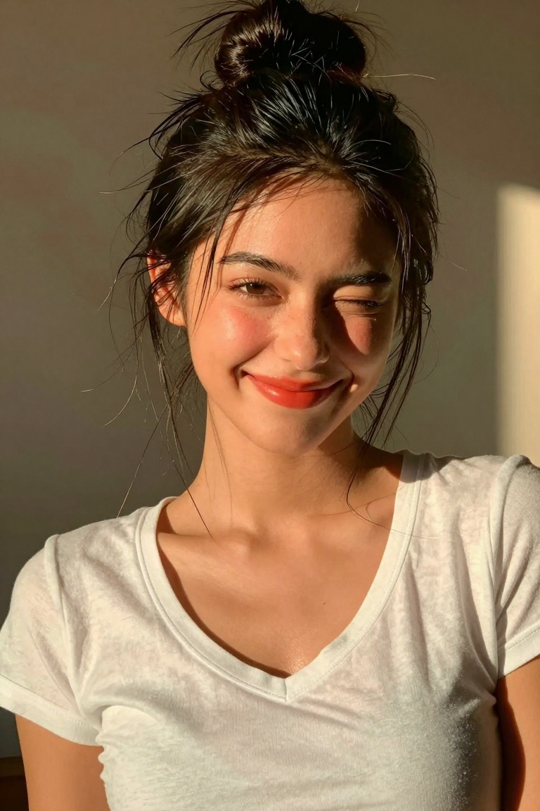 A beautifully radiant young woman with soft,  glowing skin and expressive dark eyes,  captured in a candid on Tensor.Art
